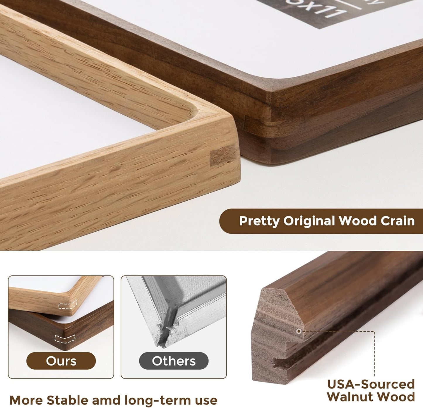 8.5x11 Picture Frame USA-Sourced Natural Walnut Wood Solid Original Wood Photo Frame Handcrafted Rounded Corner with Mat to 6x8 Picture Display with Real Glass Famil Photo, Certificate