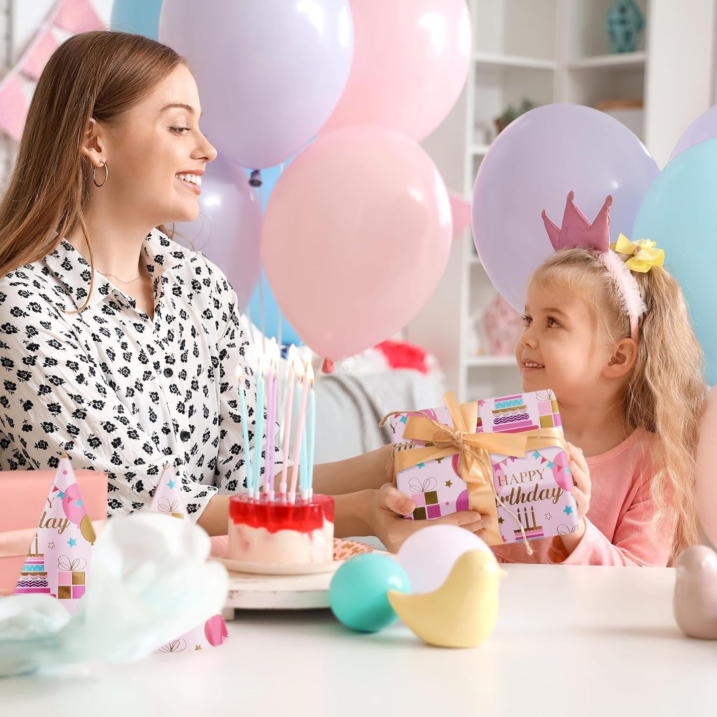 Aimyoo Pink Birthday Wrapping Paper Roll - 17 Inch X 32.8 Feet - Gold Foil Celebration Cake, Balloon, Happy Birthday Lettering Design Gift Wrap for Kids, Baby Showers