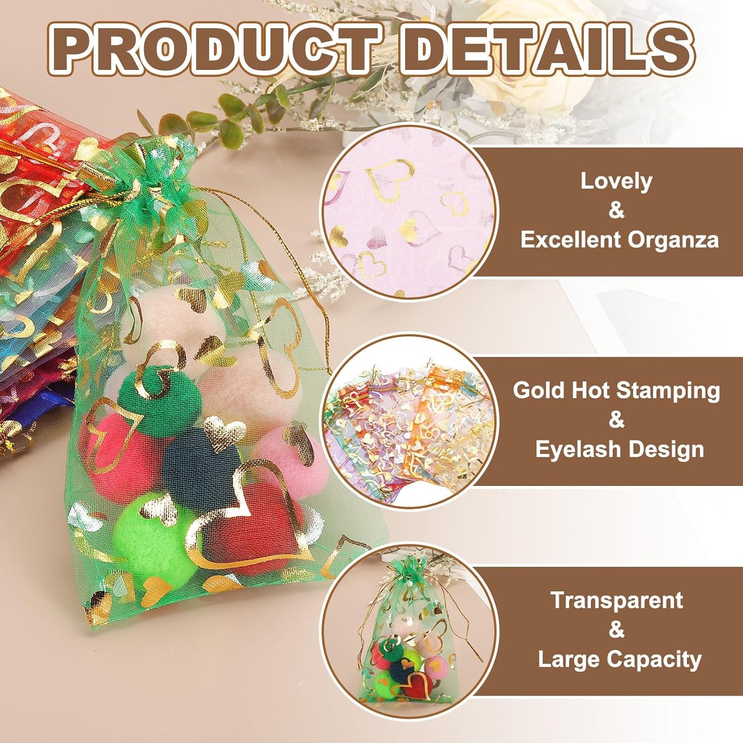 PATIKIL 50 Pcs 4x6 Inch Heart Printed Organza Bags, Orange Sheer Heart Organza Bags with Drawstring for Christmas Candy Jewelry Party Wedding Favor Gift