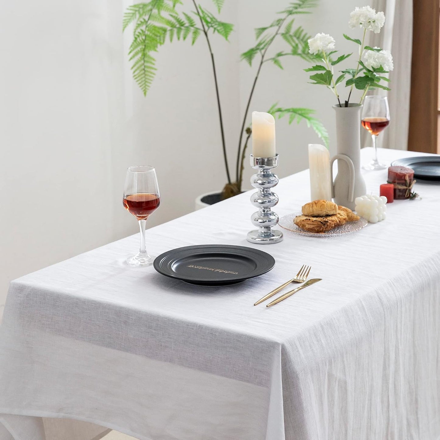 EVERLY 100% Pure Linen Rectangle Tablecloths 60x144Inches for Dining, Buffet Parties, Picnic,Events, Weddings and Restaurants, Decorative Halloween, Thanksgiving Machine Washable Tablecloths-White