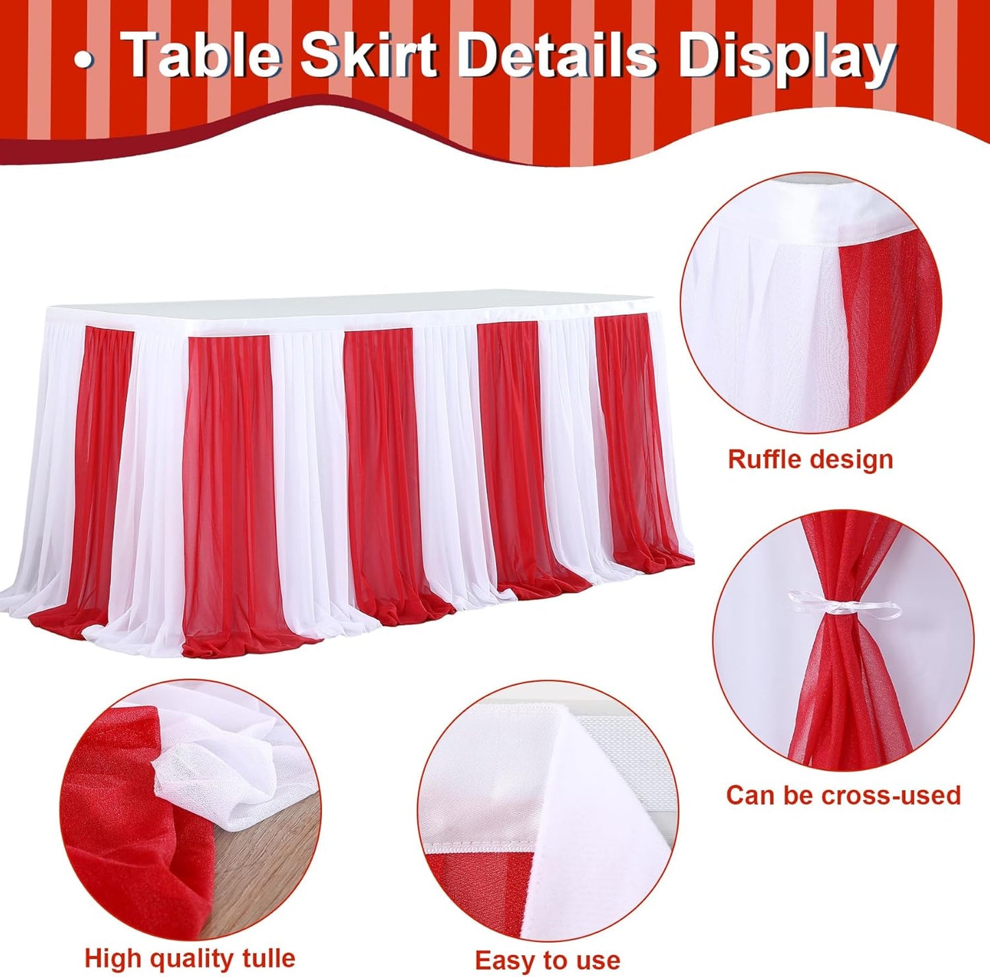 Reb and White Striped Table Skirt for Rectangle Tables or Round Tables for Carnival Circus Party 14ft Tulle Tutu Table Cloths Cover for Birthday Party Baby Shower Table Decorations