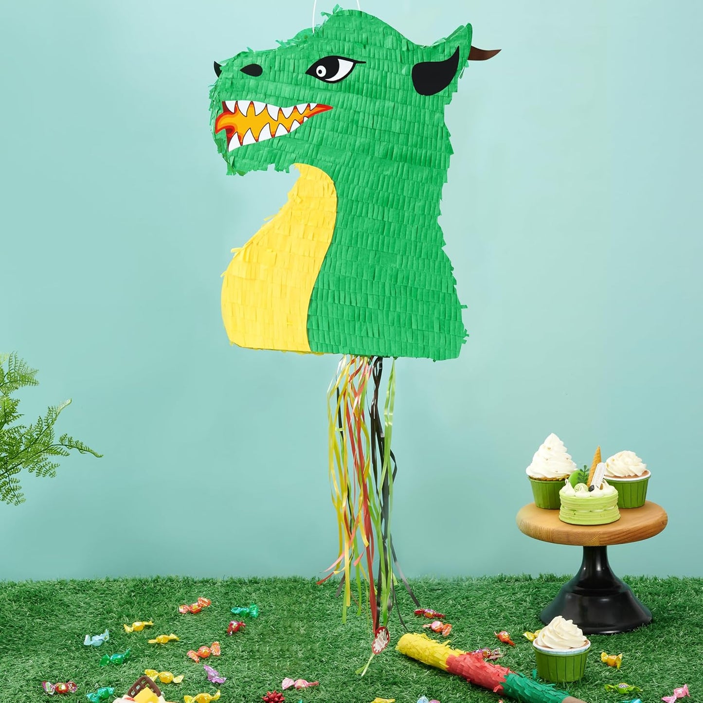 WERNNSAI Foldable Dragon Piñata - Dinosaur Birthday Party Supplies Dino Extendable Piñata Bundle with Blindfold Stick and Tassels for Boys Kids Dragon Theme Bday Party Game Decorations 16.2” x 12.5”