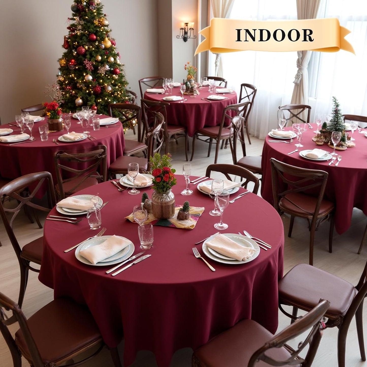 sancua Round Tablecloth - 120 Inch - Water Resistant Spill Proof Washable Polyester Table Cloth Decorative Fabric Table Cover for Dining Tables, Buffet Parties and Camping, Burgundy