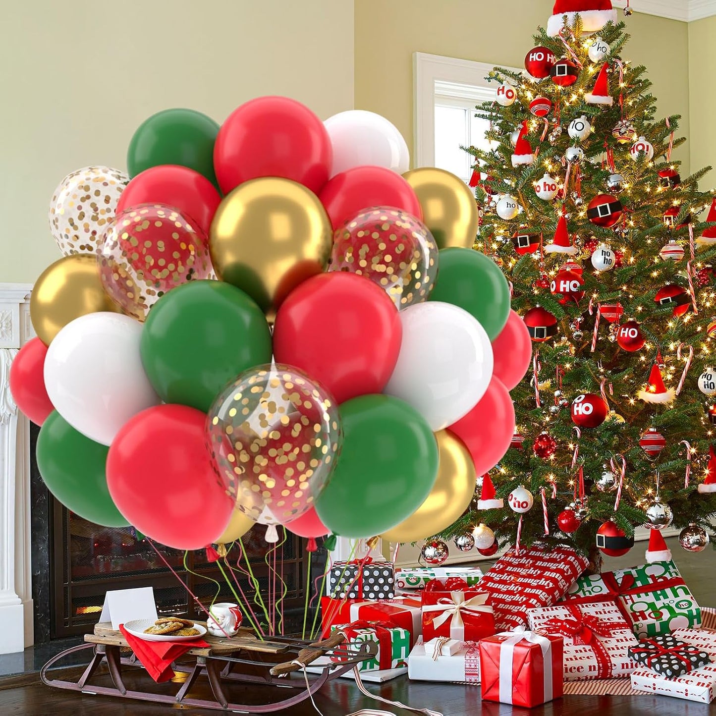 Patimate Red and Green Christmas Balloons Set, 50 pcs 12 inch Metallic Gold Green Red White Confetti Latex Balloons Kit for Christmas Grinch Birthday Party Decorations