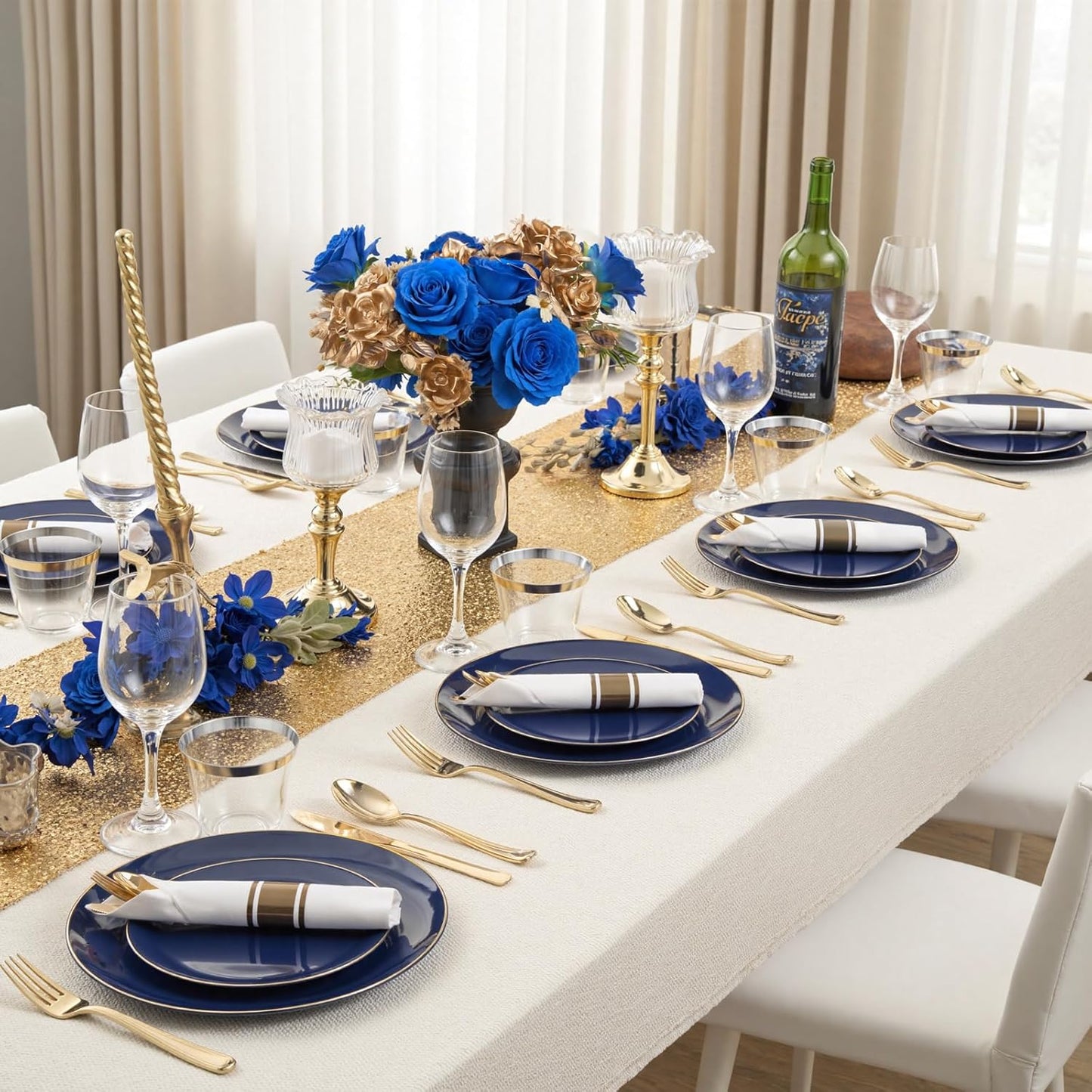 KIRE 175Pcs Blue Plastic Plates - Navy Blue Plates Disposable - 25 for Dinner 25 for Dessert 25 Pre Rolled Napkins with Gold Plastic Silverware and 25 Cups for Birthday Party/Wedding