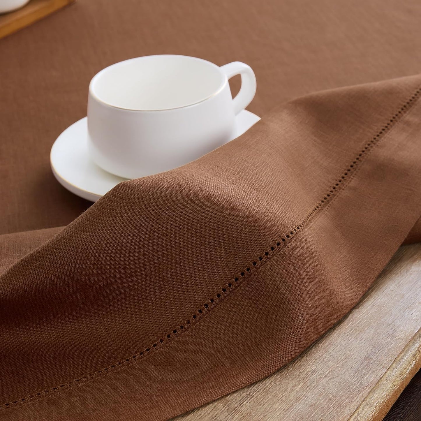 Solino Home Linen Tablecloth 60 x 108 Inch - Classic Hemstitch 100% Pure Linen Brown Table Cloth for Rectangle Tables - Machine Washable Tablecloth for Fall, Autumn, Thanksgiving
