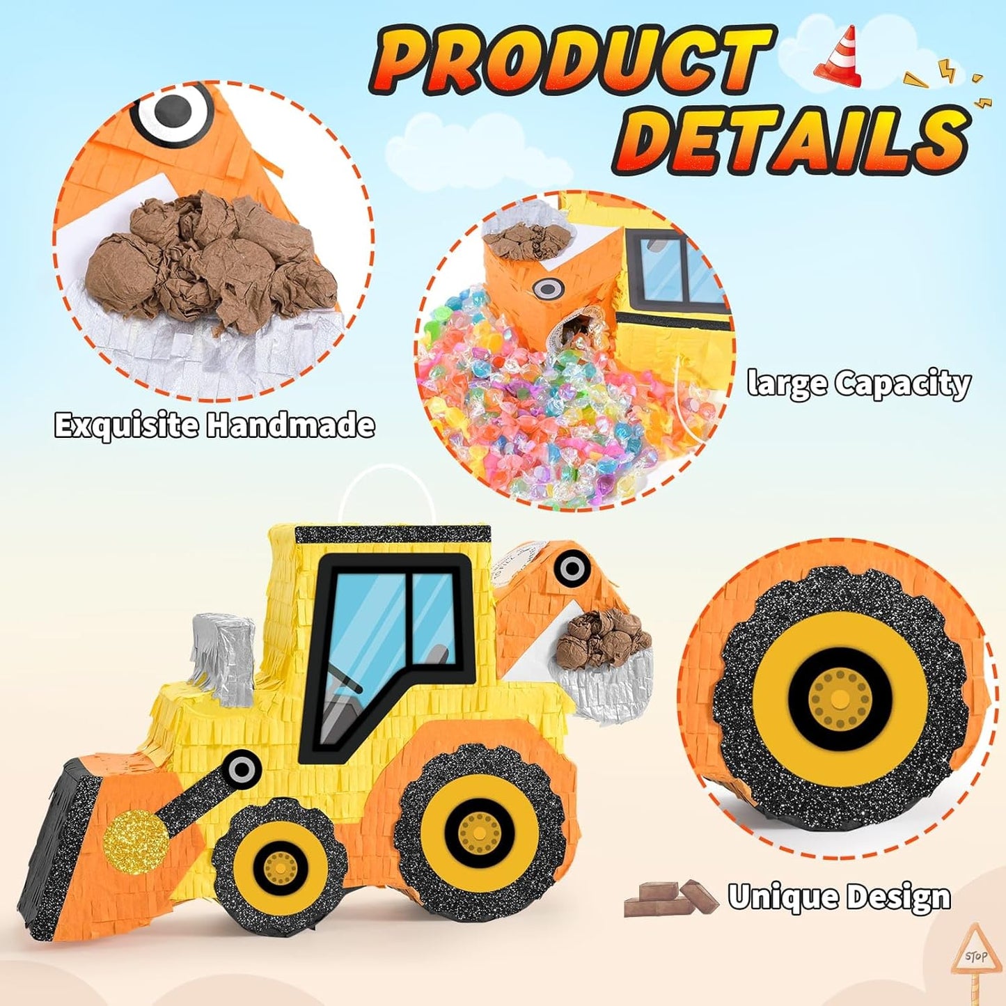 WERNNSAI Construction Pinata - Construction Party Supplies Dump Truck Pinata with Blindfold and Bat for Boys Kids Tractor Excavator Theme Birthday Party Game Decorations