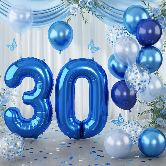 Number 30 Balloon Pastel Blue for Kids, XXL 30th Birthday Decor Foil Balloon Dark Navy Blue with Silver Confetti Helium Balloon, 40 Inch Balloon 30 for Women Birthday Party Men Anniversary Decorations