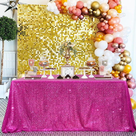 QueenDream Hot Pink Wedding Sequin Tablecloth 90 x 156 Inch Rectangle Glitter Table Cloth for Birthday Party Baby Shower Decor