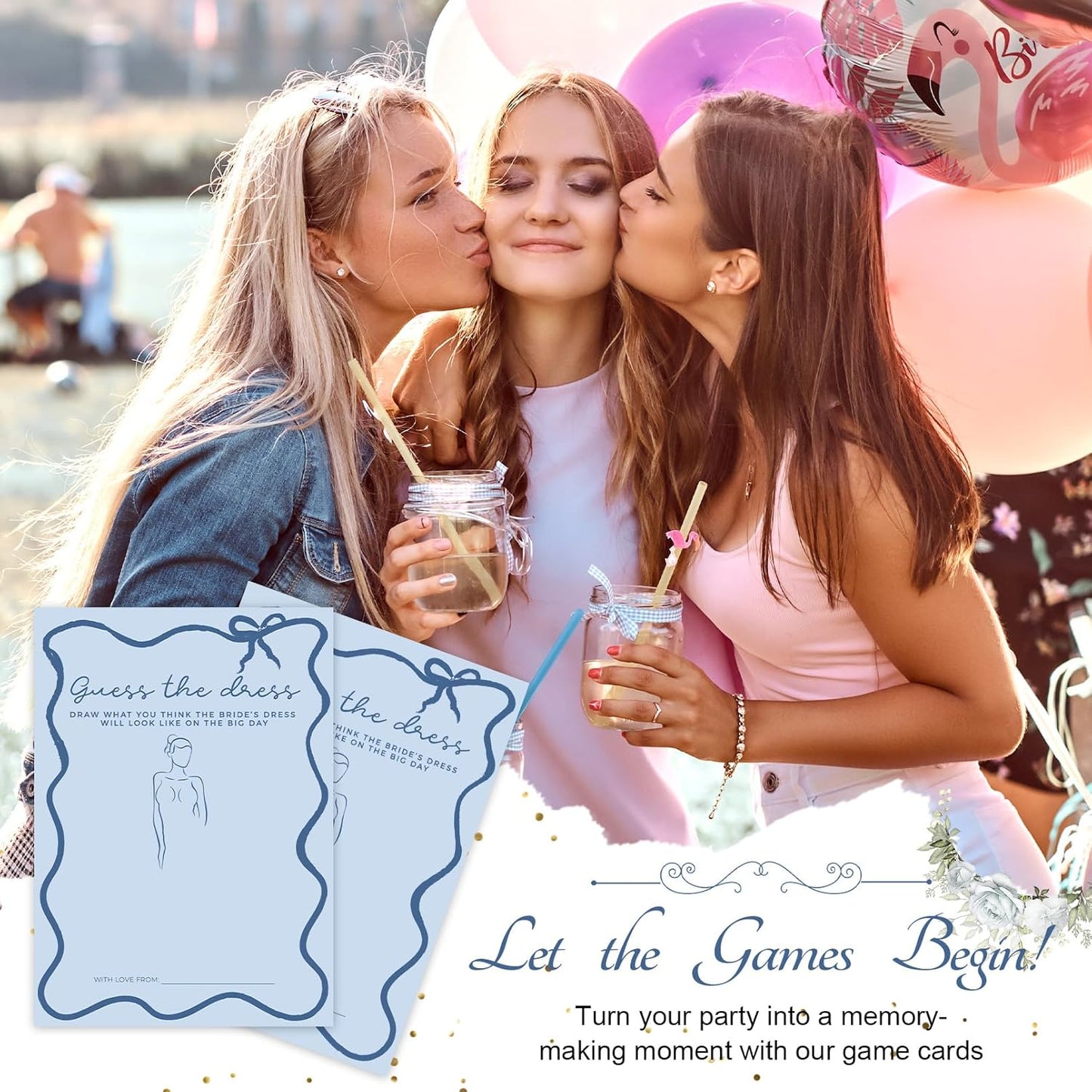 DEEKA 30 PCS Bridal Shower Games Card for 30 Guests Blue Wavy Border Ribbon Bow Funny Wedding Bachelorette Party Games for Reception (Guess The Dress)