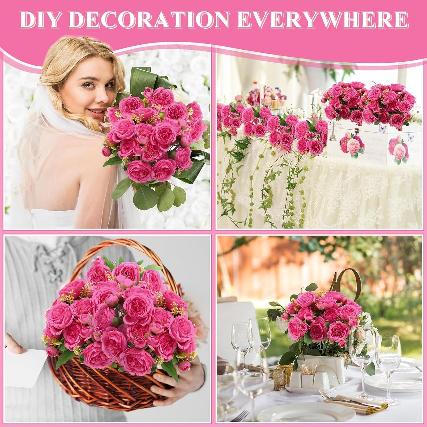 8 Bundles Artificial Peonies Flowers Boho Faux Flowers Arrangements Artificial Centerpiece Spring Bouquet Floral Wedding Decoration for Vase (Hot Pink)