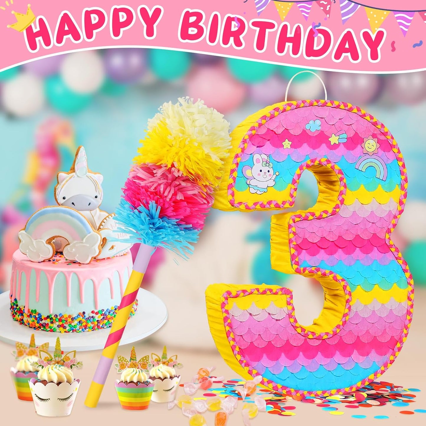 Number 3 Pinata for Birthday Party Decorations, Unicorn Mermaid Theme Pink Piñata Games Toy (3th)