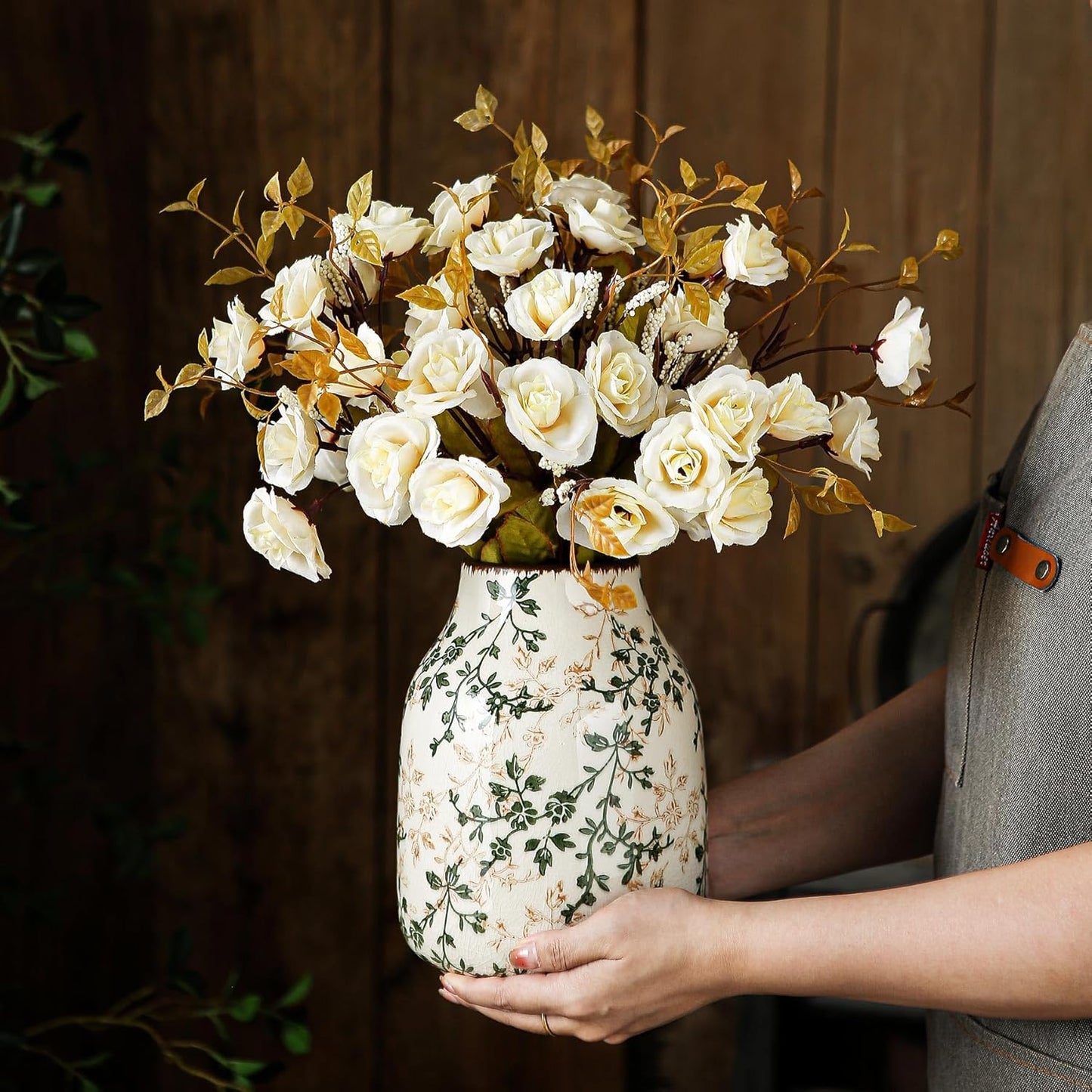 Green and Beige Vintage Vase, Chinoiserie Floral Vase, Rustic Ceramic Large Vases for Home Decors, Living Room, Bookshelf, Office, Grand Millennial Decor, Chinoiserie Decors, Tuscan Decor 7.8 Inch