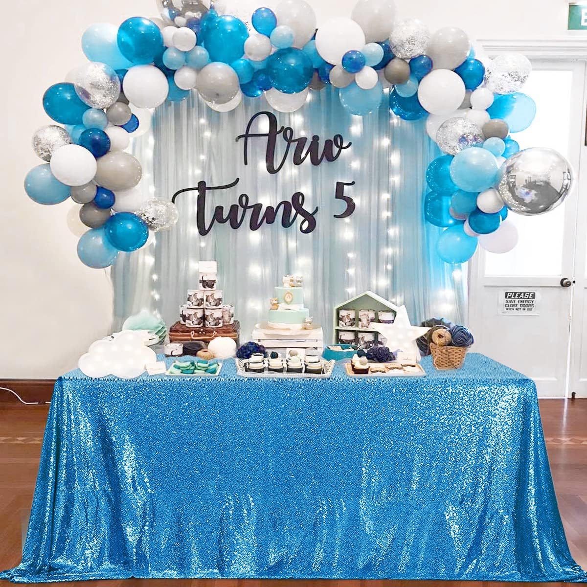 QueenDream Aqua Blue Tablecloth 90 x 156 Inch Sequin Tablecloth for Party Decorations Glitter Tablecloth for Bridal Baby Shower Wedding
