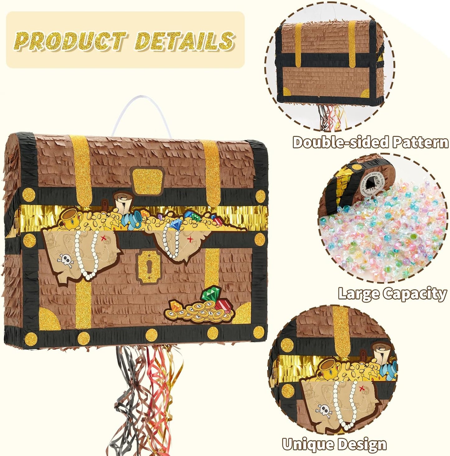 WERNNSAI Treasure Chest Piñata - Pull String Pirate Themed Piñata with Blindfold and Bat Adventure Birthday Party Decoration for Boys Kids Family Games Piñata Adventure Theme Party Supplies