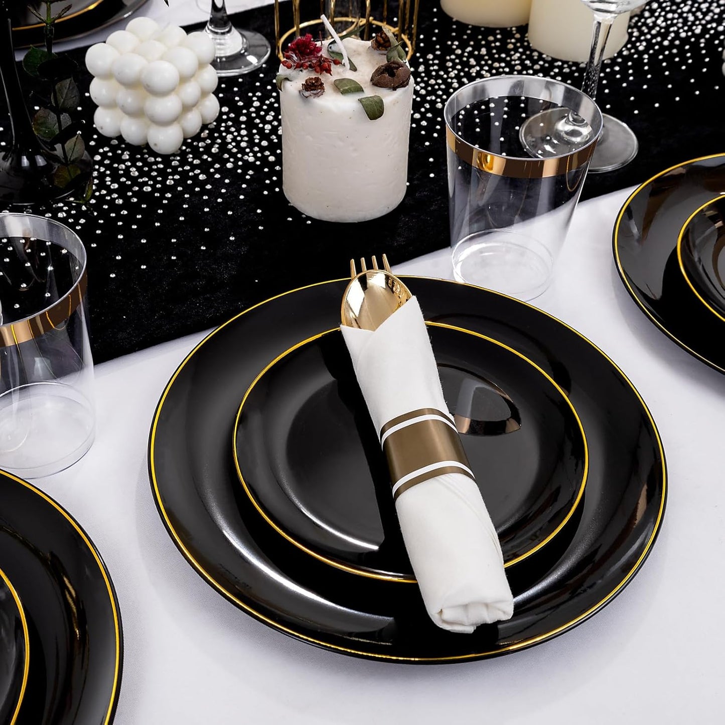 KIRE 350 PCS Plastic Dinnerware Set for 50 Guests - Black and Gold Plates 50 for Dinner 50 for Dessert & 50 Pre Rolled Napkins with Disposable Silverware 50 Cups for Halloween Party/Banquet/Wedding