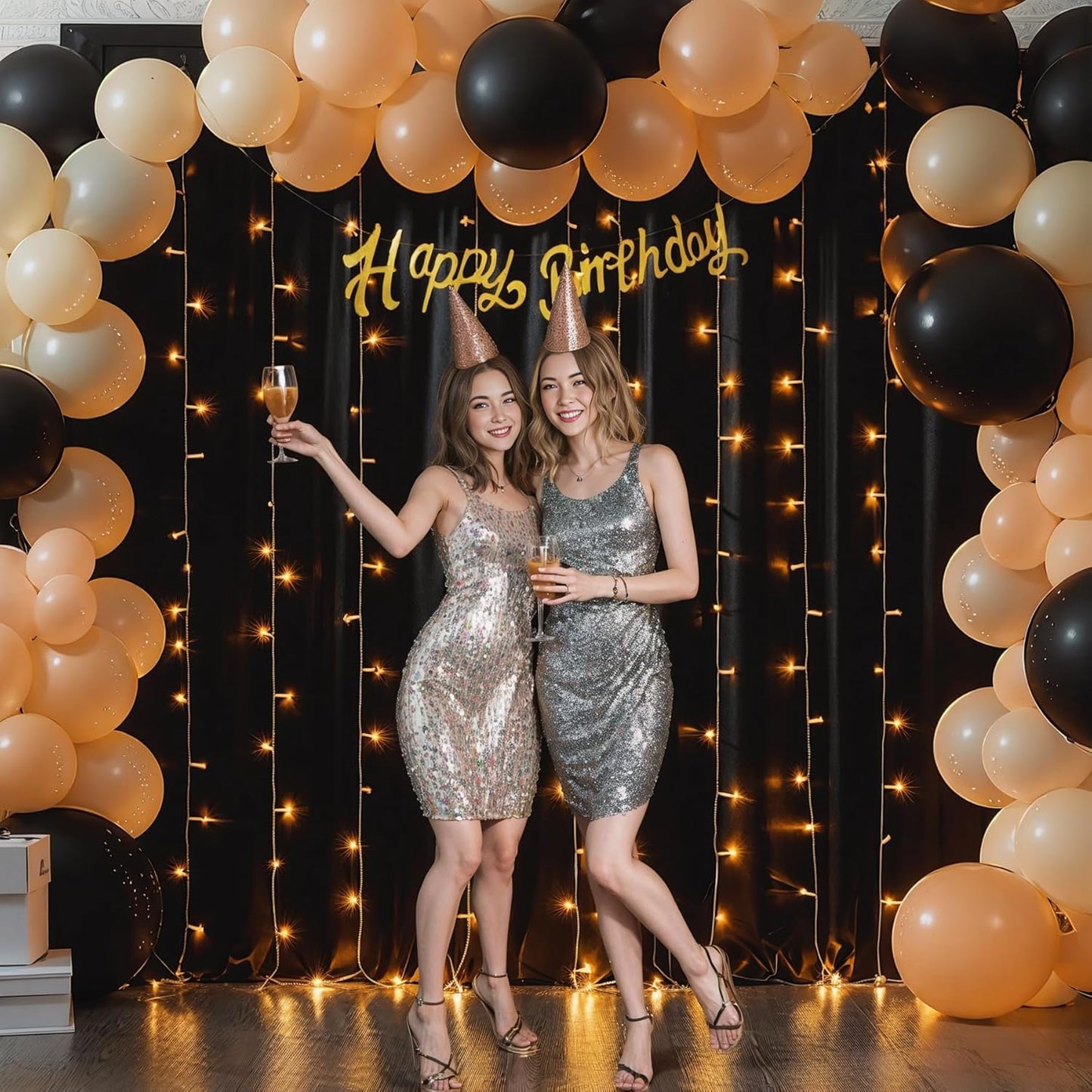 Black Backdrop Curtain with Lights String for Parties,10x10FT Wrinkle Free Black Drapes Wedding Photo Backdrop Curtains for Baby Shower Birthday Ceremony Reception Home Party Decorations