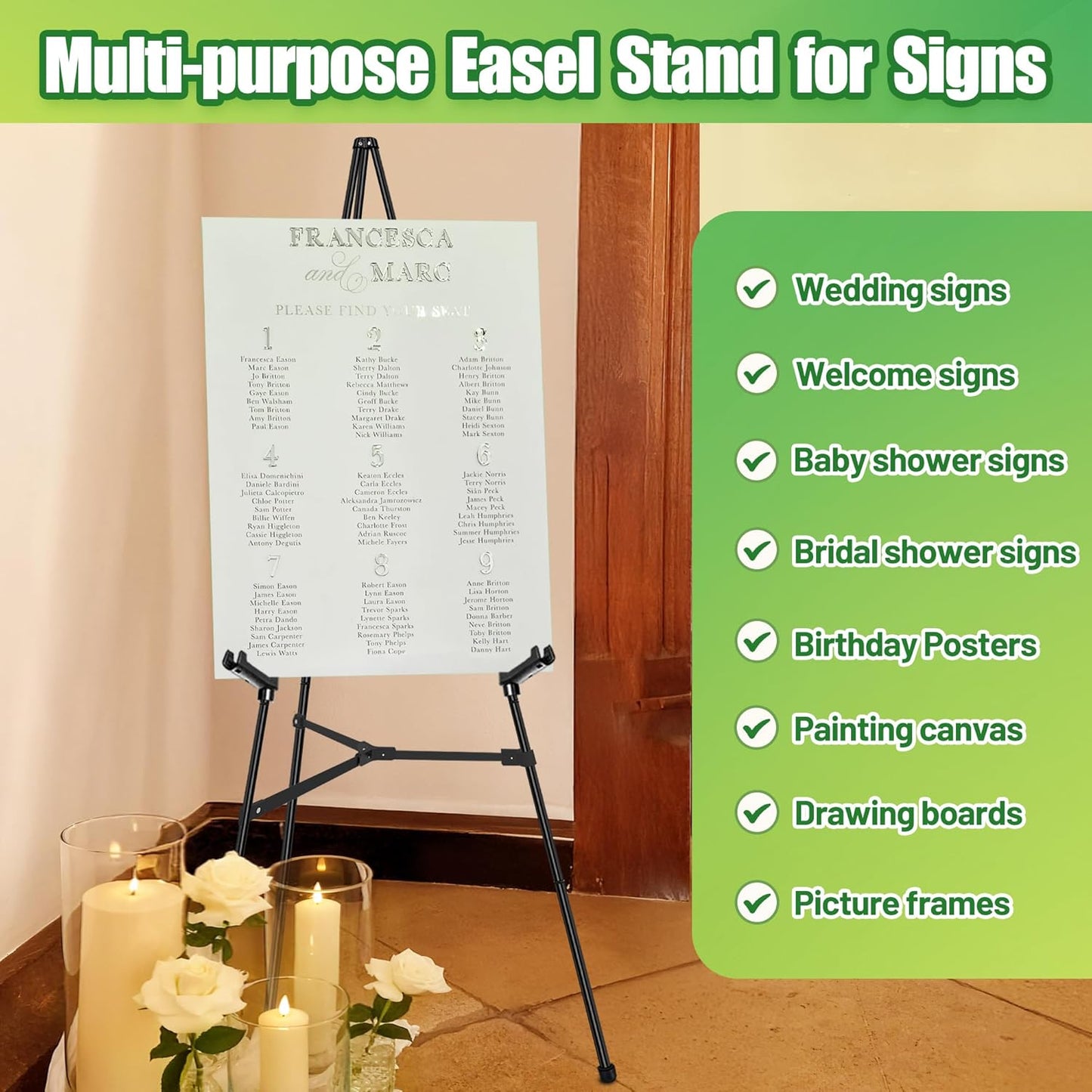 2Pcs Easel Stand for Sign - 63" Display Easel for Wedding Sign Stand Poster Stand, Lightweight Poster Easel for Painting, Folding Portable Easel Stand with Carrying Bag, Black