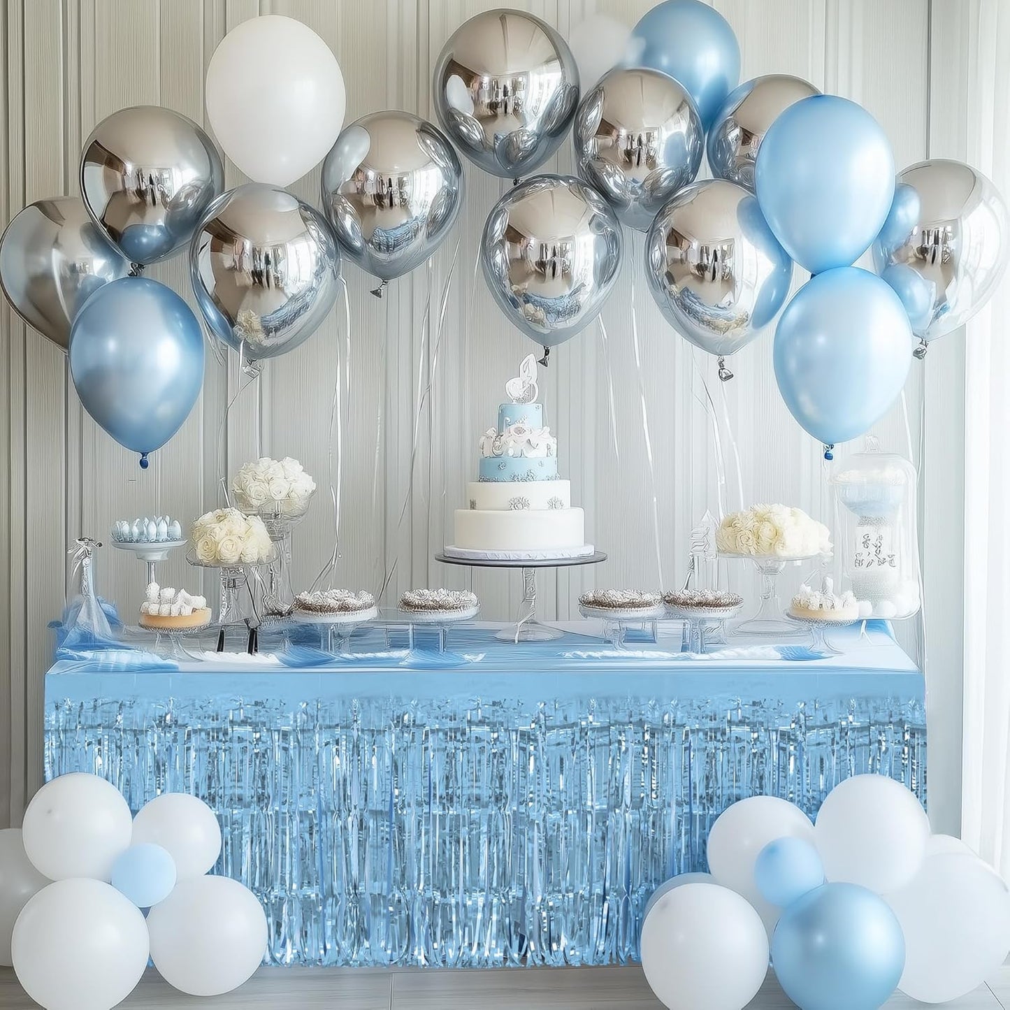 4 Pack Light Blue Table Skirts, 29x108" Metallic Foil Tinsel Fringe Table Skirts for Rectangle Tables Streamer Curtains Backdrop, Party Decorations for Birthdays Weddings Holidays