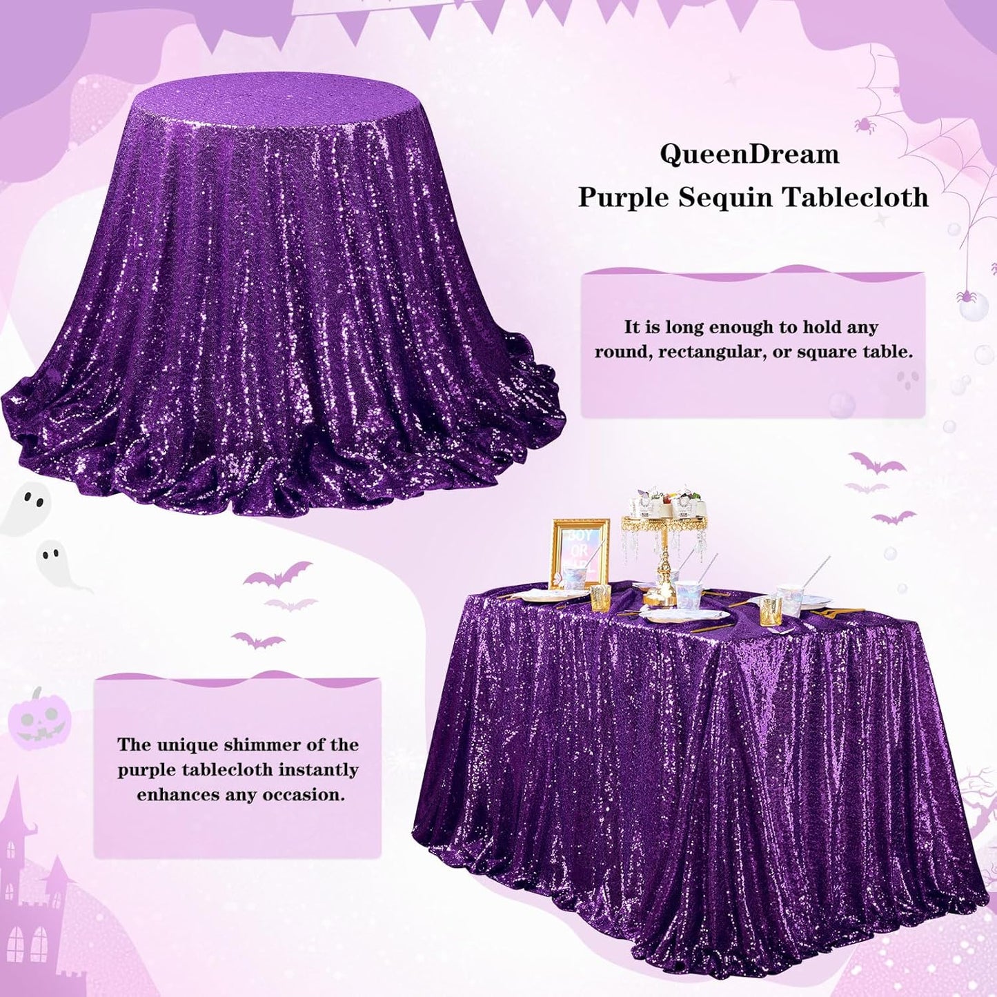 QueenDream Purple Tablecloth Sequin Fabric Table Cloths 90x90 Inch Halloween Party Decorations Purple Overlay Drapes Birthday Party Xmas Decorations