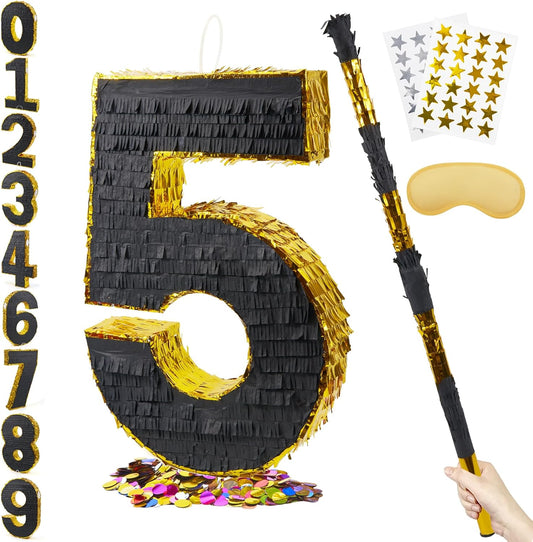 PCFING 20 Inch Number 5 Piñata Gold Black with 30 Inch Piñata Stick Blindfold Confetti for Man Women Boys Girls Birthday Party Decorations, Anniversary Celebration, Fiesta
