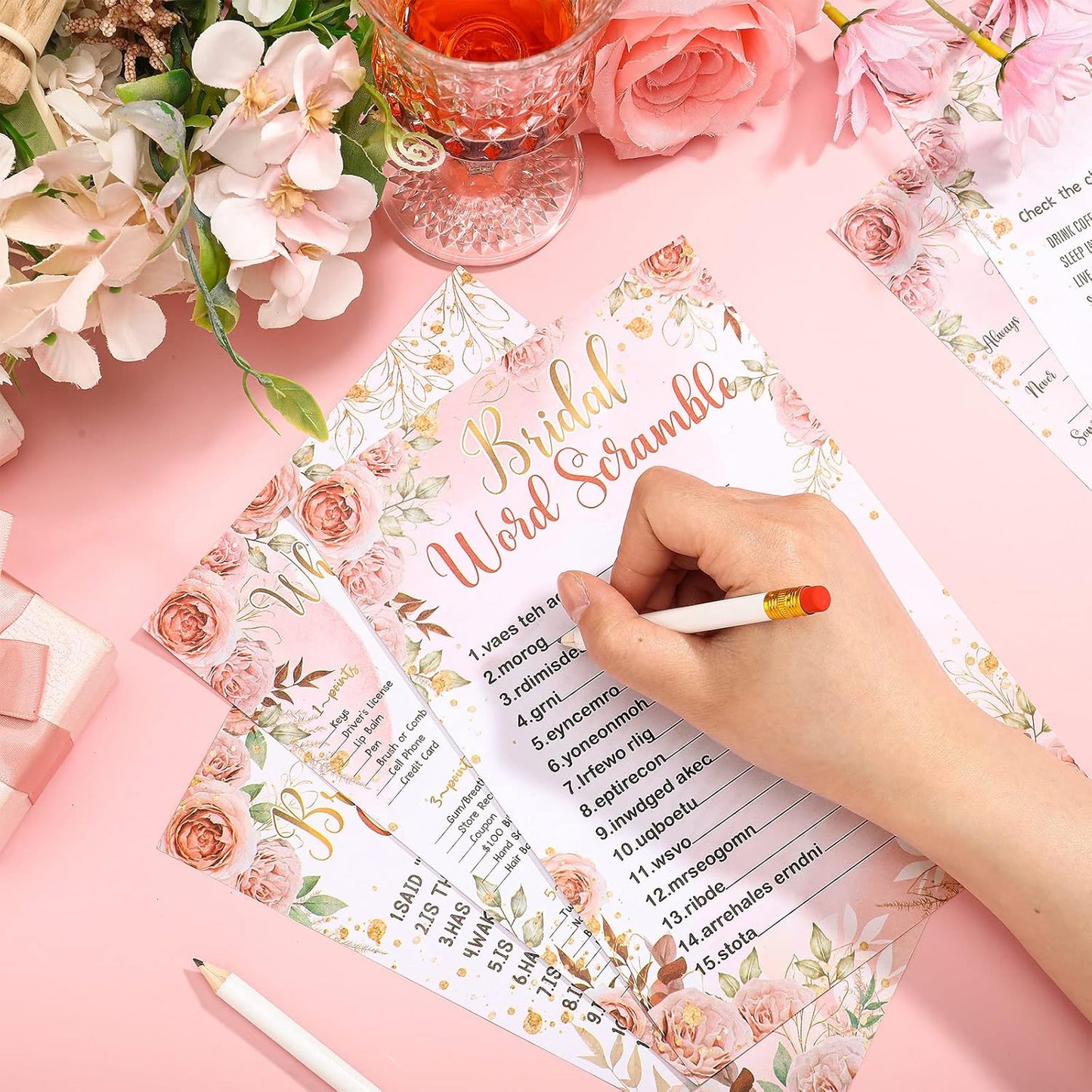 Teling 145 Pieces Bridal Shower Game Bridal Shower Favors Set Wedding Games Cards and Pencils for Bride Groom Bachelorette Party Wedding Party Favor(Pink Floral)