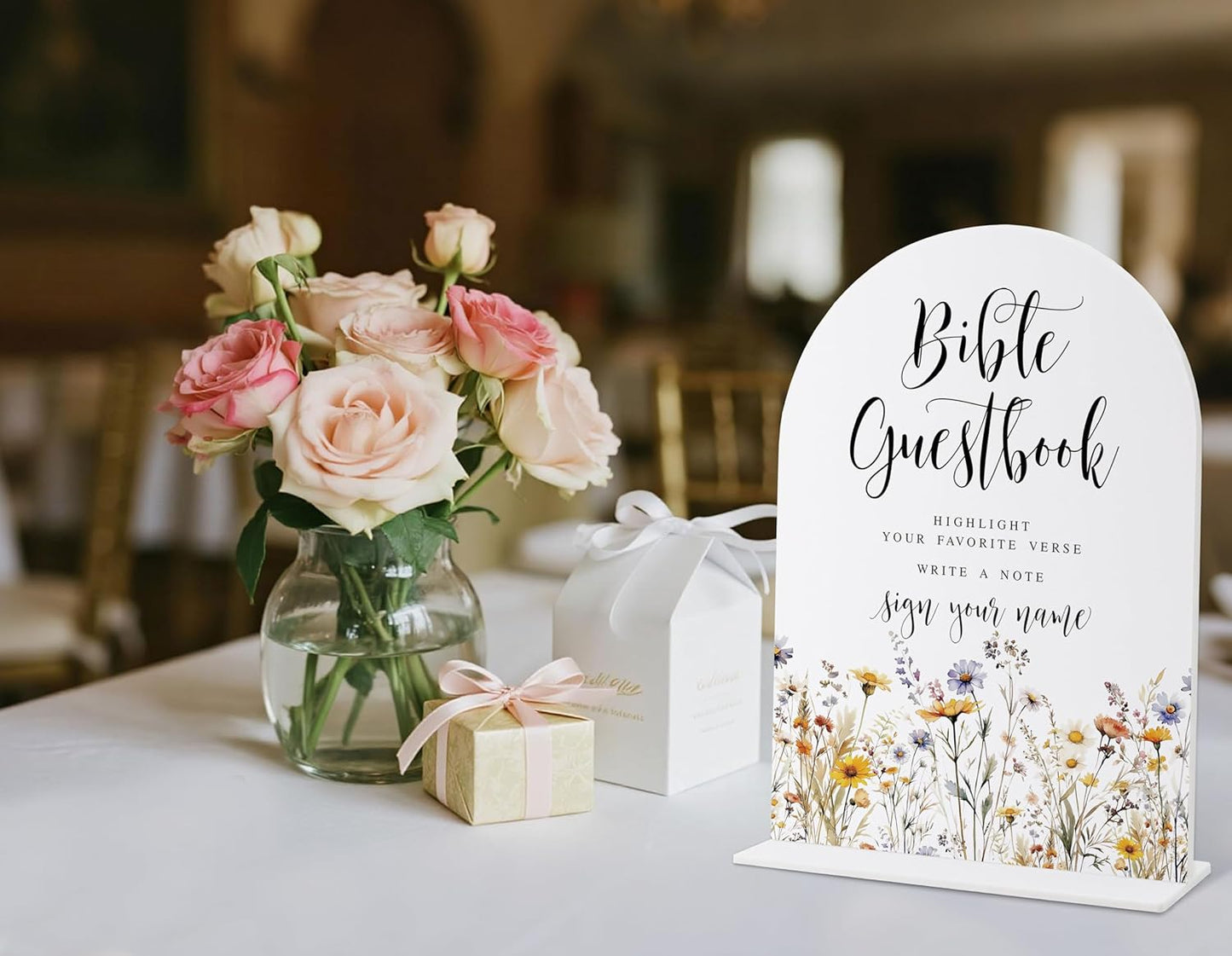 Wedding Signs for Ceremony and Reception, Boho Floral Acrylic Bible Guestbook Sign, Wedding Signage with Stand, Bridal Shower Table Centerpieces, Supplies for Engagement Reception Event Party, 36