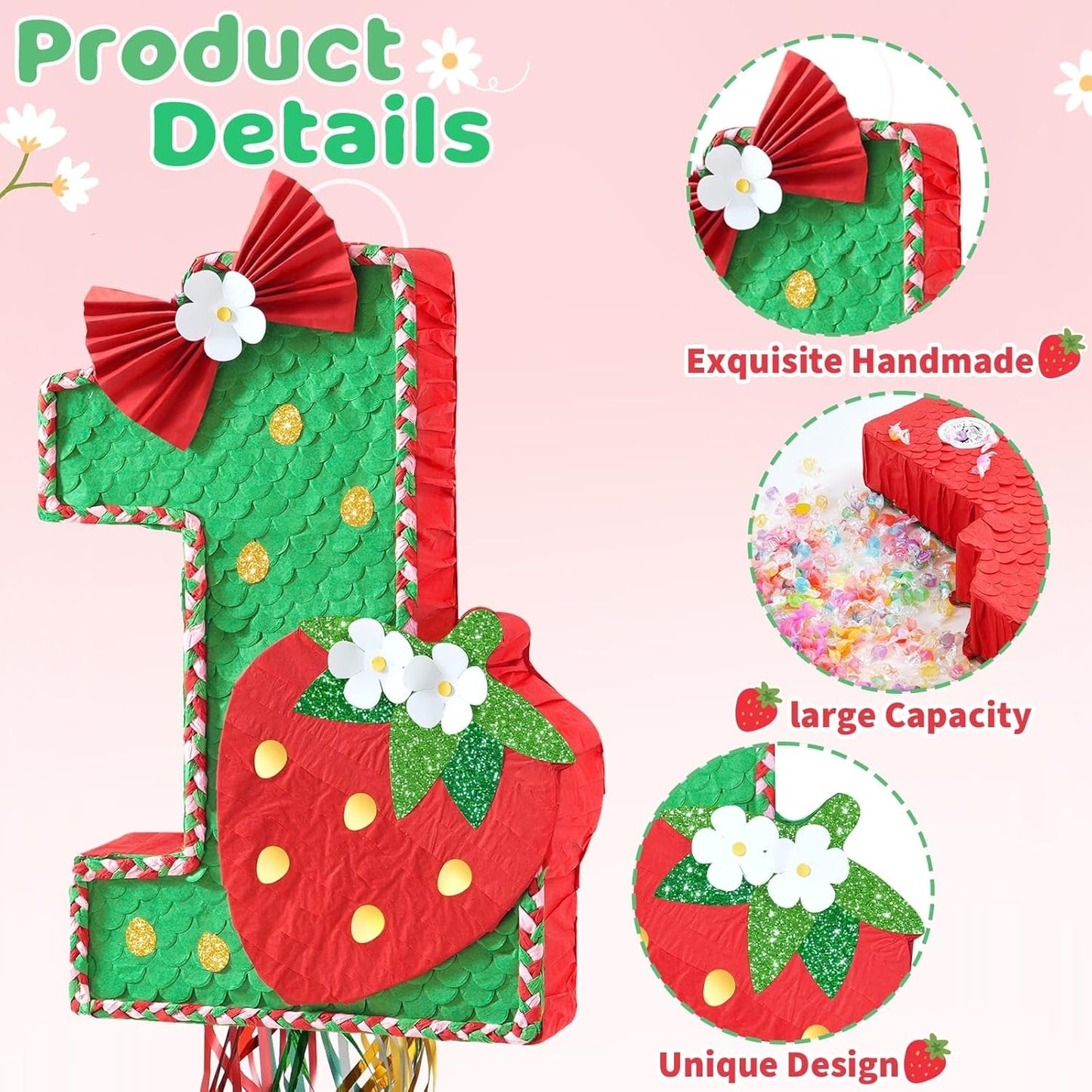 WERNNSAI Berry First Pinata - Sweet One Birthday Party Decorations Strawberry Party Game Number 1 Pinata for Baby Shower Theme Party Favor With Blindfold