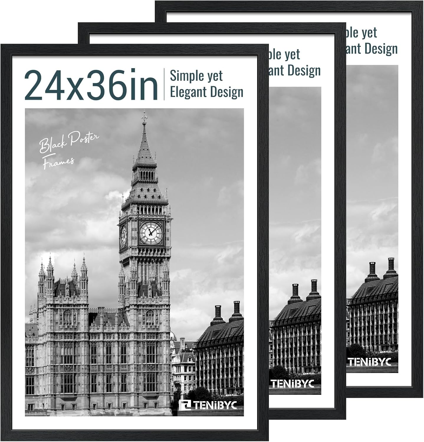 24x36 Poster Frame 3 Pack - Black Woodgrain, Solid Wood Picture Frame, Wall Gallery Frame - Wall Hanging