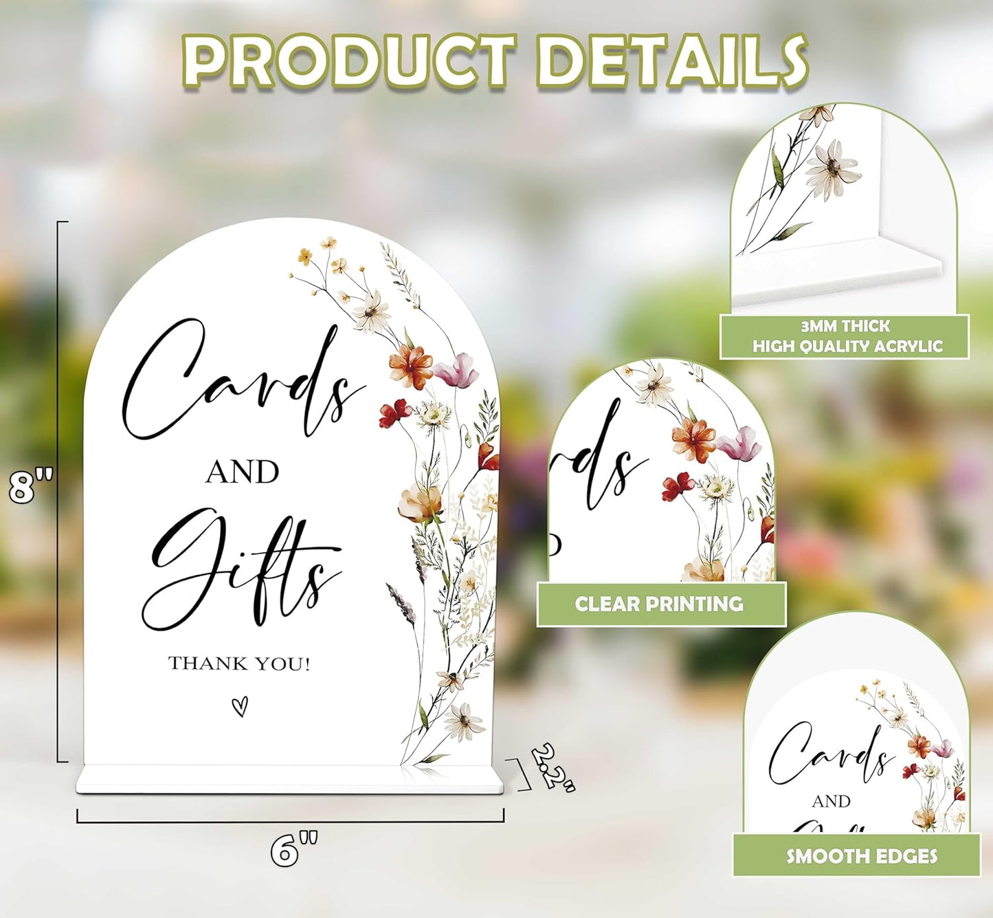 Boho Floral Cards and Gifts Sign, 6 x 8 Inch White Arch Acrylic Wedding Sign with Holder, Wedding Sign for Ceremony and Reception, Wedding Decoration, Wedding Supplies - BX01