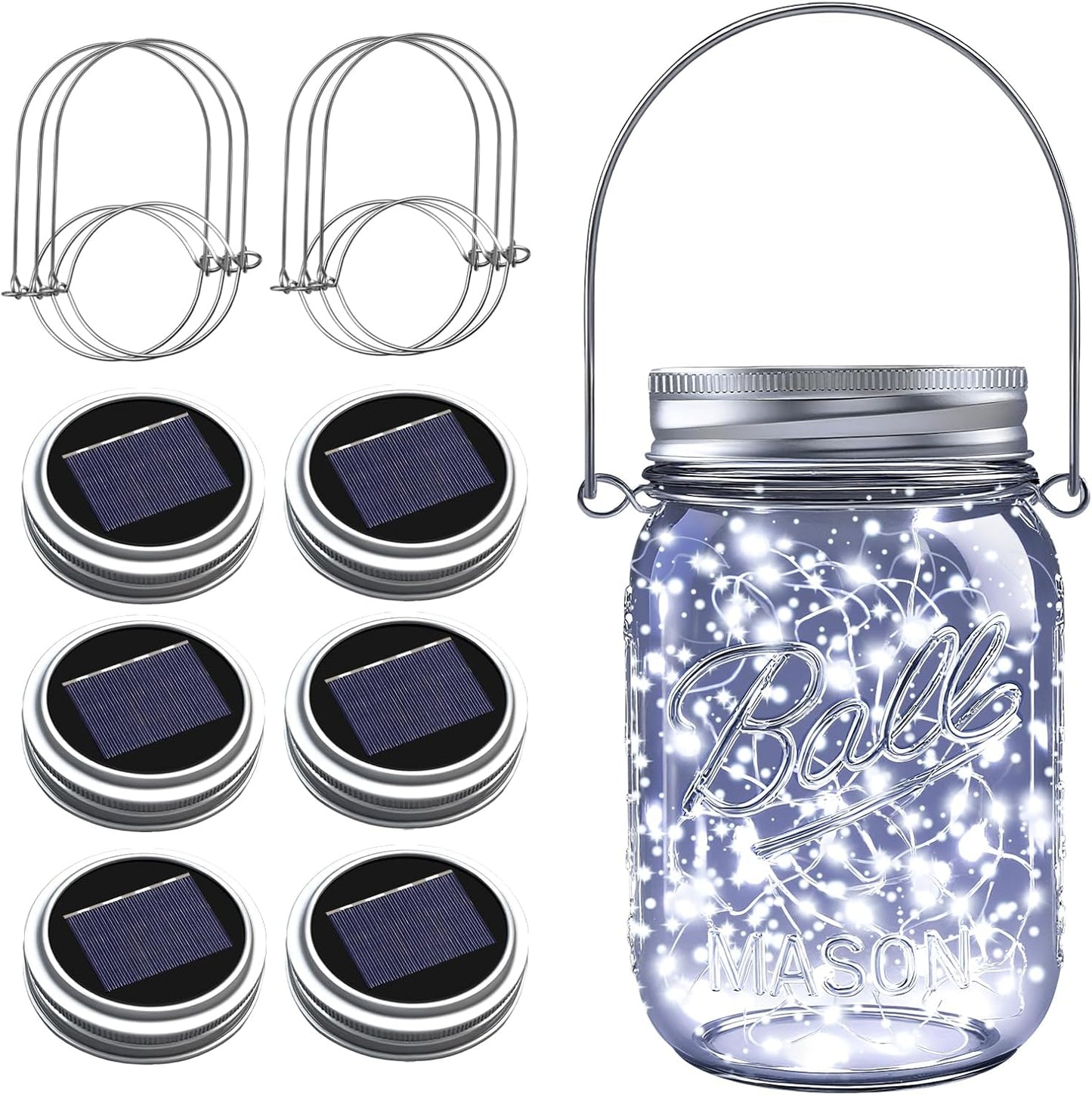ZNYCYE Solar Mason Jar Lights, 6 Pack 30 LED Waterproof Solar Fairy Firefly Jar Lids String Lights with Hangers(NO Jars) for Outdoor Lawn Patio Garden Yard Wedding Decoration - Cool White