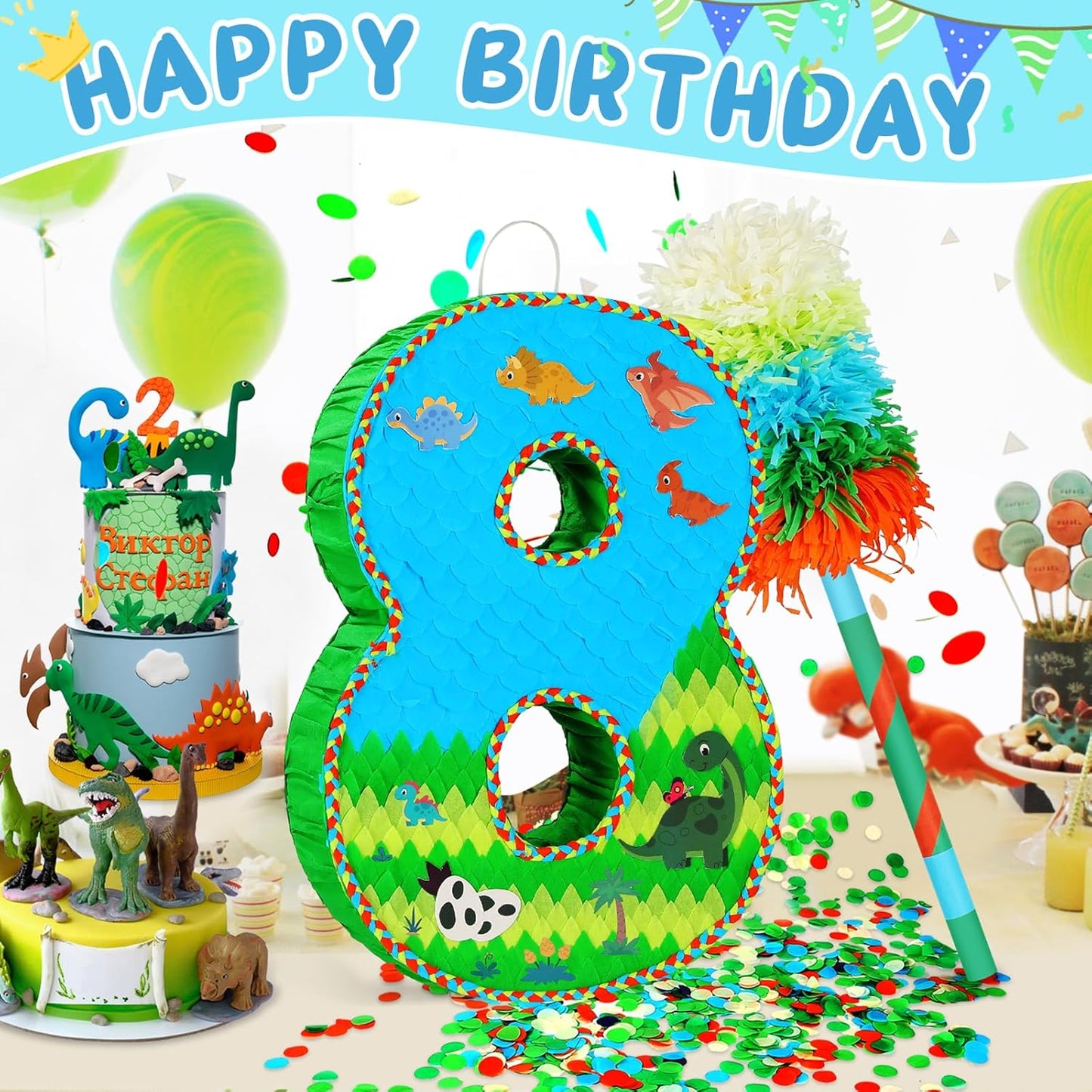 Number 8 Pinata for Birthday Party Decorations, Jungle Dinosaur Piñata Games Toy (8th)