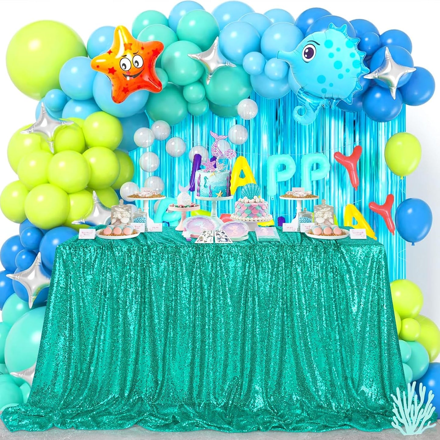 QueenDream Lake Green Tablecloth Party Decorations: Sequin Fabric Cover Drapes 60x102 Inch Tablecloth 16st Birthday Cake Table Mermaid Decor