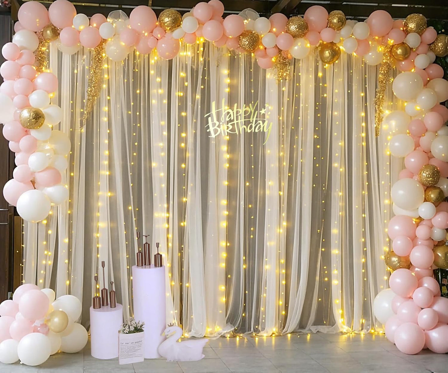 Champagne Tulle Backdrop Curtain with Lights String for Parites Wedding 10x8ft Champagne Sheer Backdrop Curtains for Bridal Shower Baby Shower Birthday Party Photo Booth Background Decorations