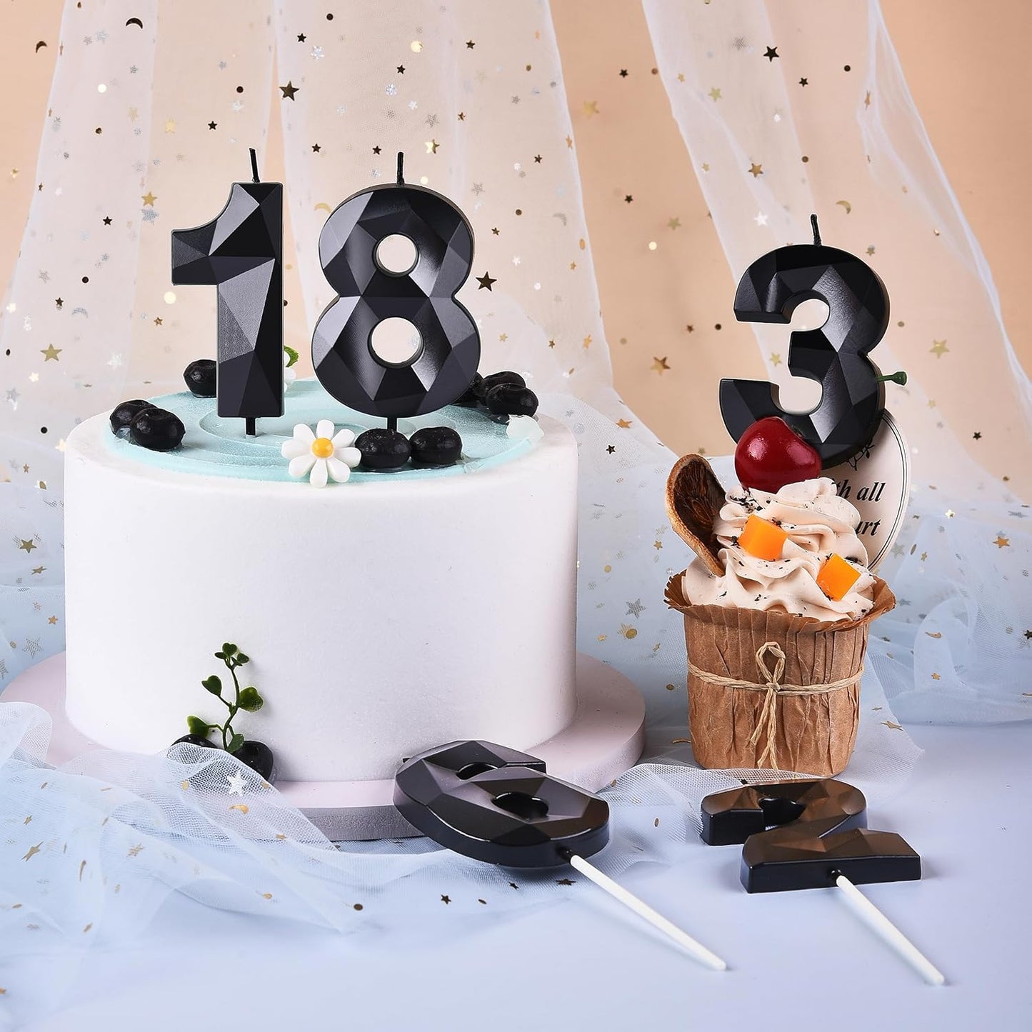 PHD CAKE 2.76 Inch Crystal Black 3 Number Birthday Candles, Red Number Candles, Cake Number Candles, Party Celebration