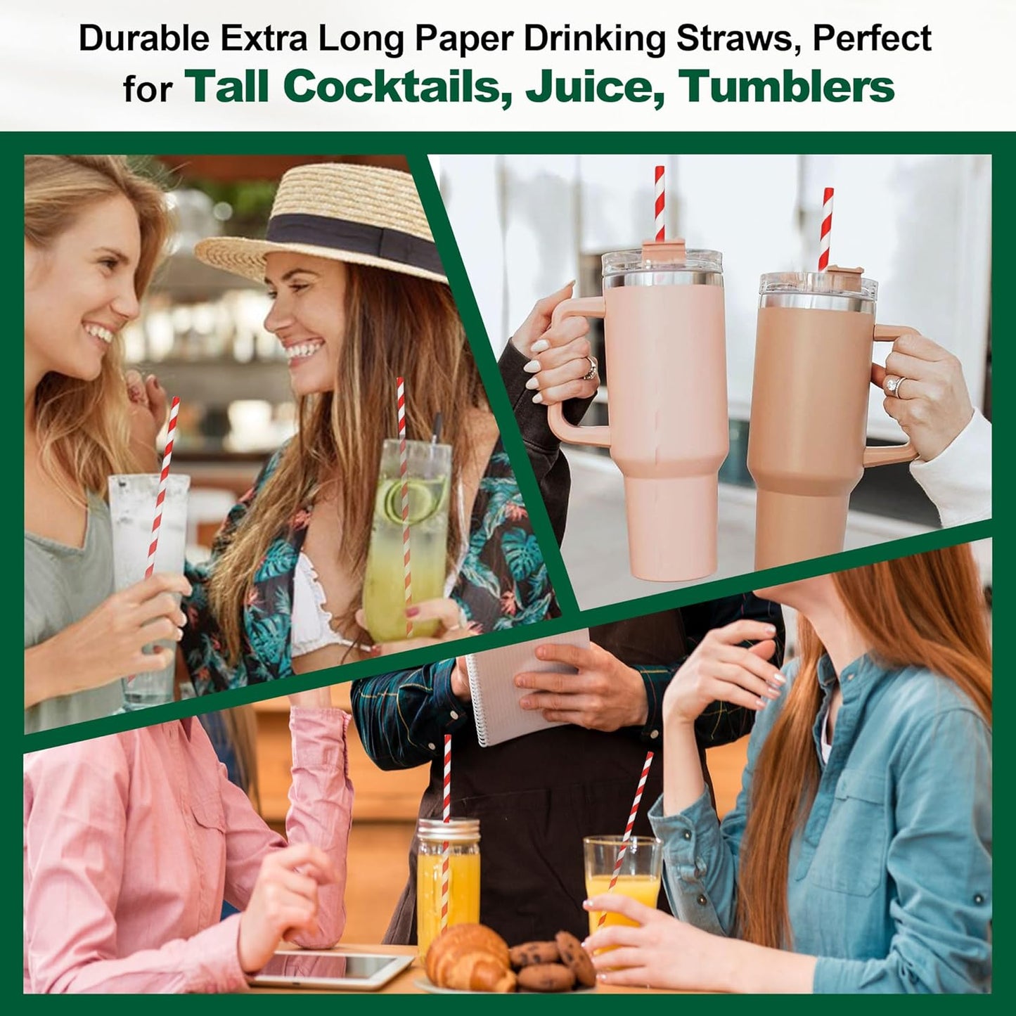 Extra Long Paper Straws 10 Inch - Biodegradable Disposable Long Drinking Straws - Red/White Striped, 100