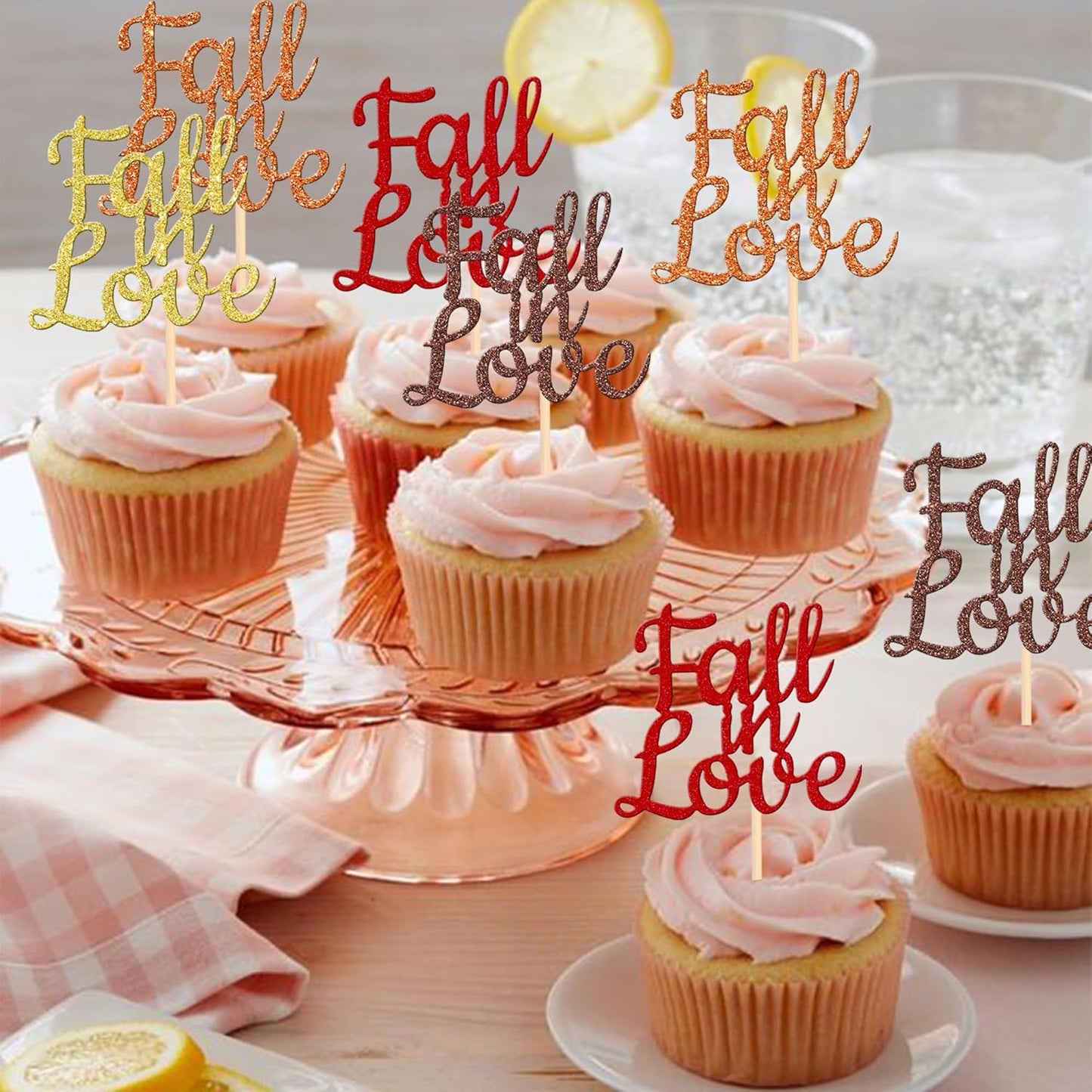 24 PCS Fall in Love Cupcake Toppers Glitter Fall Theme Bridal Shower Cupcake Picks for Autumn Wedding Engagement Anniversary Birthday Party Cake Decorations Supplies Colorful