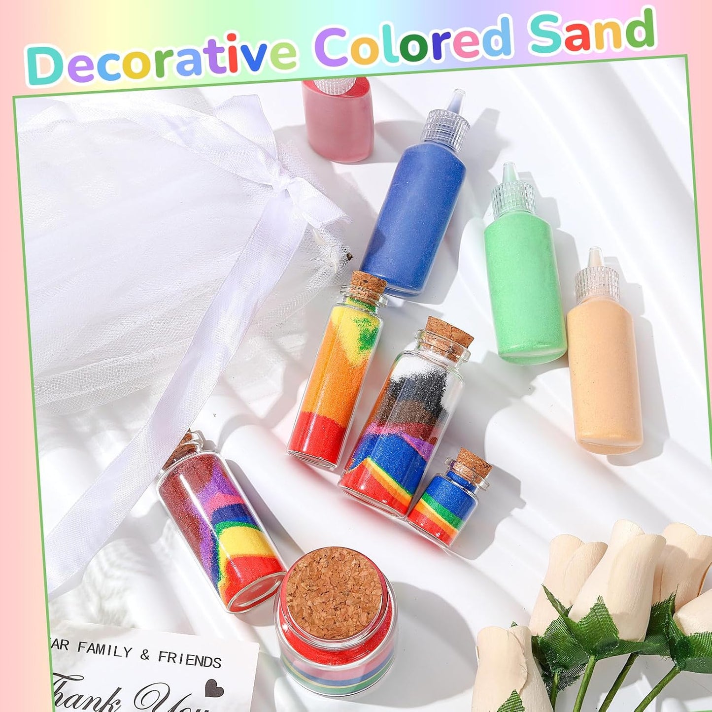 Wettarn 240 Pcs 1.25 oz Sand Art Bottle Kits 60 Colors of Sand and Bottle for Rangoli Art Painting DIY Drawing Favor Diwali Wedding Decoration Vase Glass Crafty Collection (Multicolor)