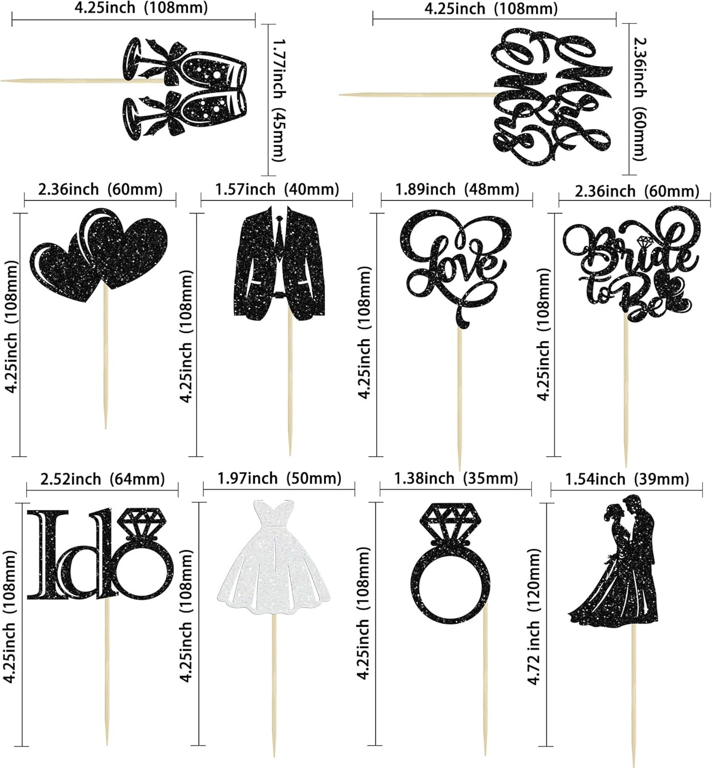 Gyufise 30Pcs Bride to Be Cupcake Toppers Glitter Diamond Ring I Do Love Cupcake Picks Miss to Mrs Bridal Shower Wedding Engagement Bachelorette Cake Decoration Black