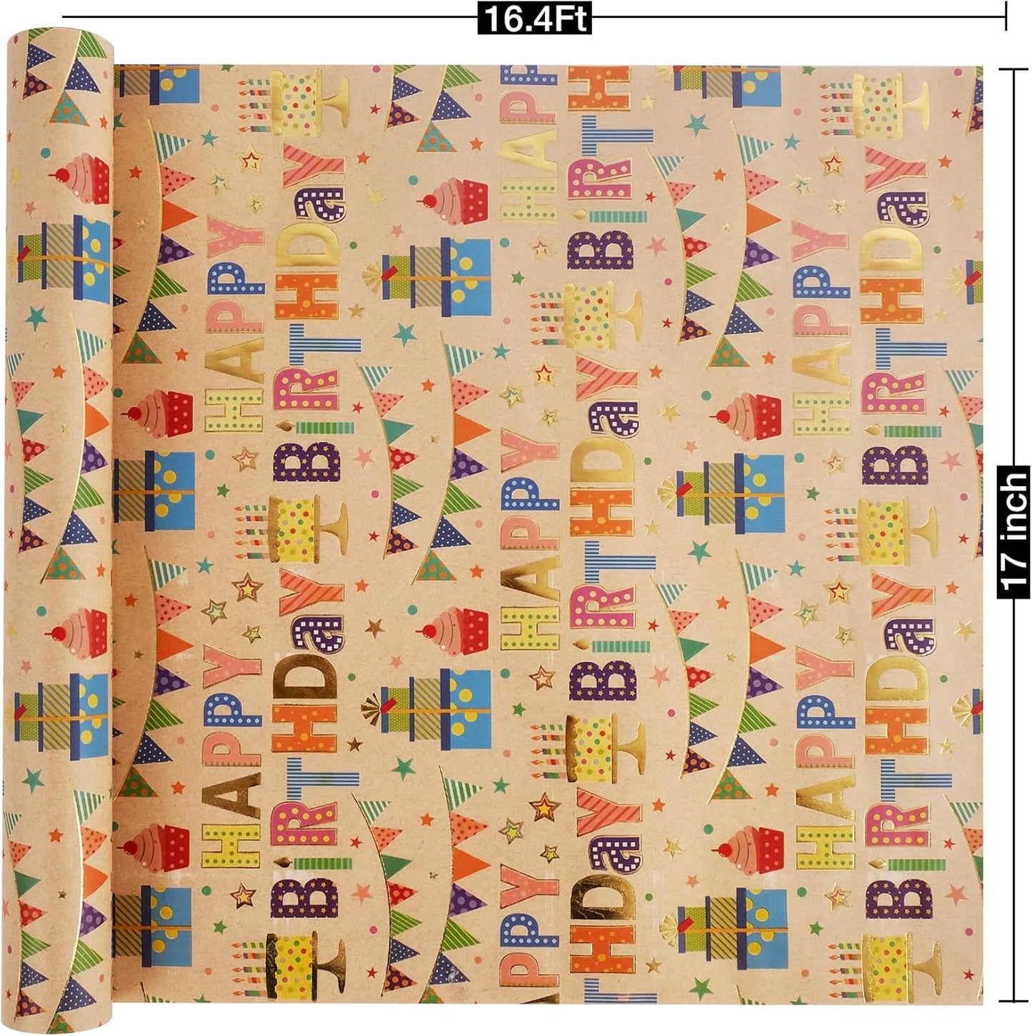 Aimyoo Colorful Birthday Wrapping Paper Roll - 17 Inch X 16.4 Feet - Gold Foil Happy Birthday Lettering, Cupcake & Flags Design Gift Wrap for Kids, Baby Showers