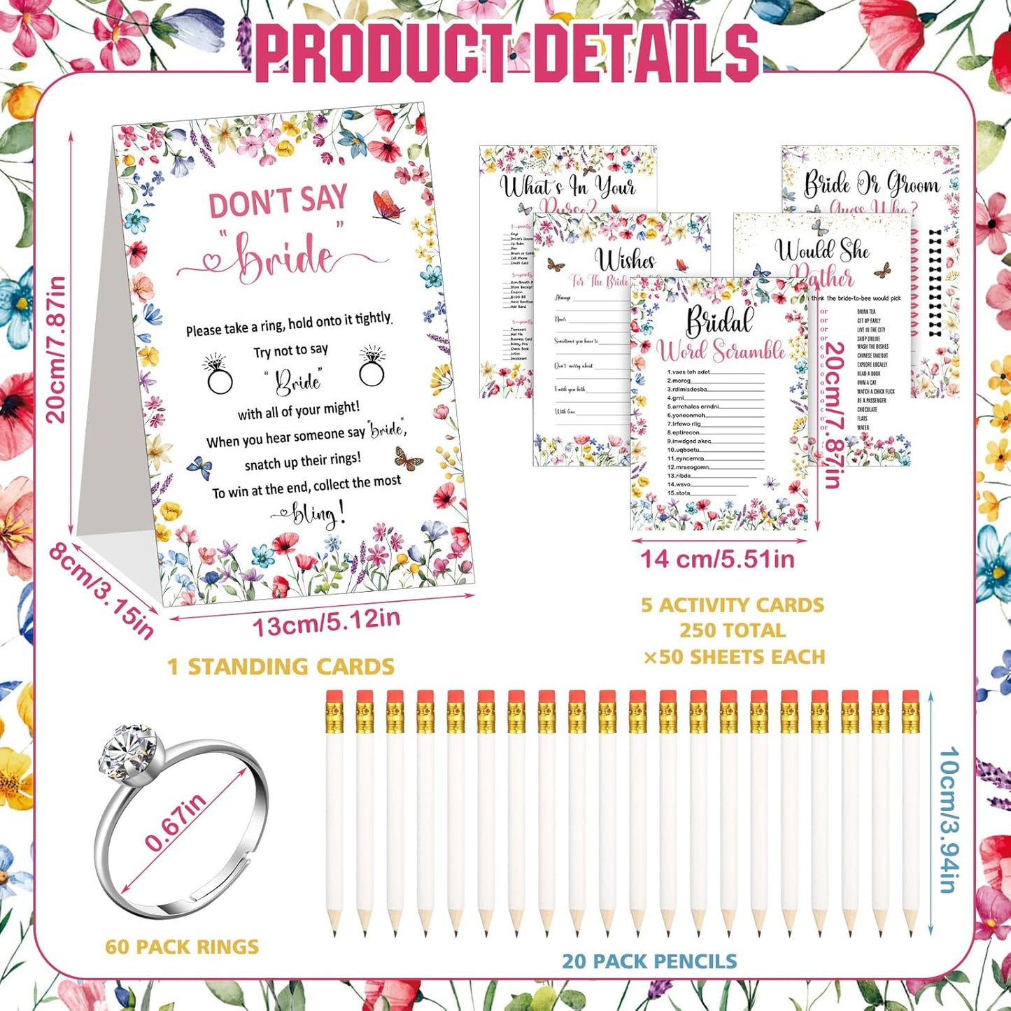 Estune 331 Pcs Bridal Shower Games Supplies, 5 Sets 250 Pcs Wedding Cards 1 Put a Ring on It Bridal Shower Games with 60 Rings and 20 Pencils(Wildflower Style)