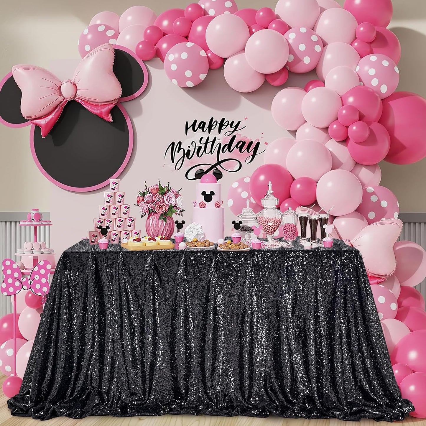 QueenDream Black Party Decorations Sequin Tablecloth: Glitter Overlay 90x90 Inch Table Drapes for Banquet Wedding Theme Party Planners