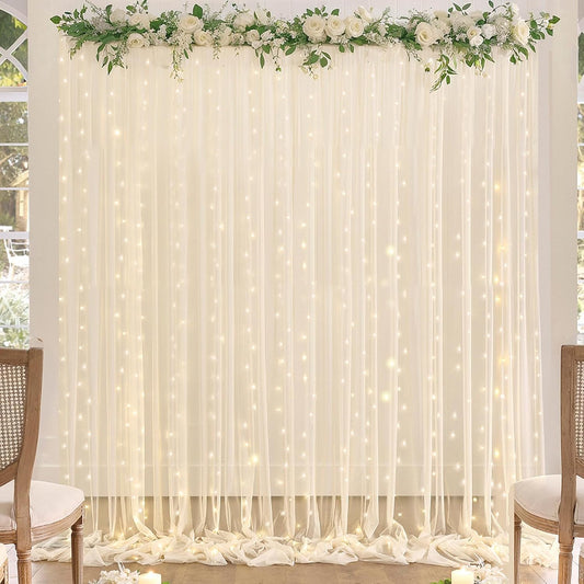 Champagne Tulle Backdrop Curtain with Lights String for Parites Wedding 10x8ft Champagne Sheer Backdrop Curtains for Bridal Shower Baby Shower Birthday Party Photo Booth Background Decorations