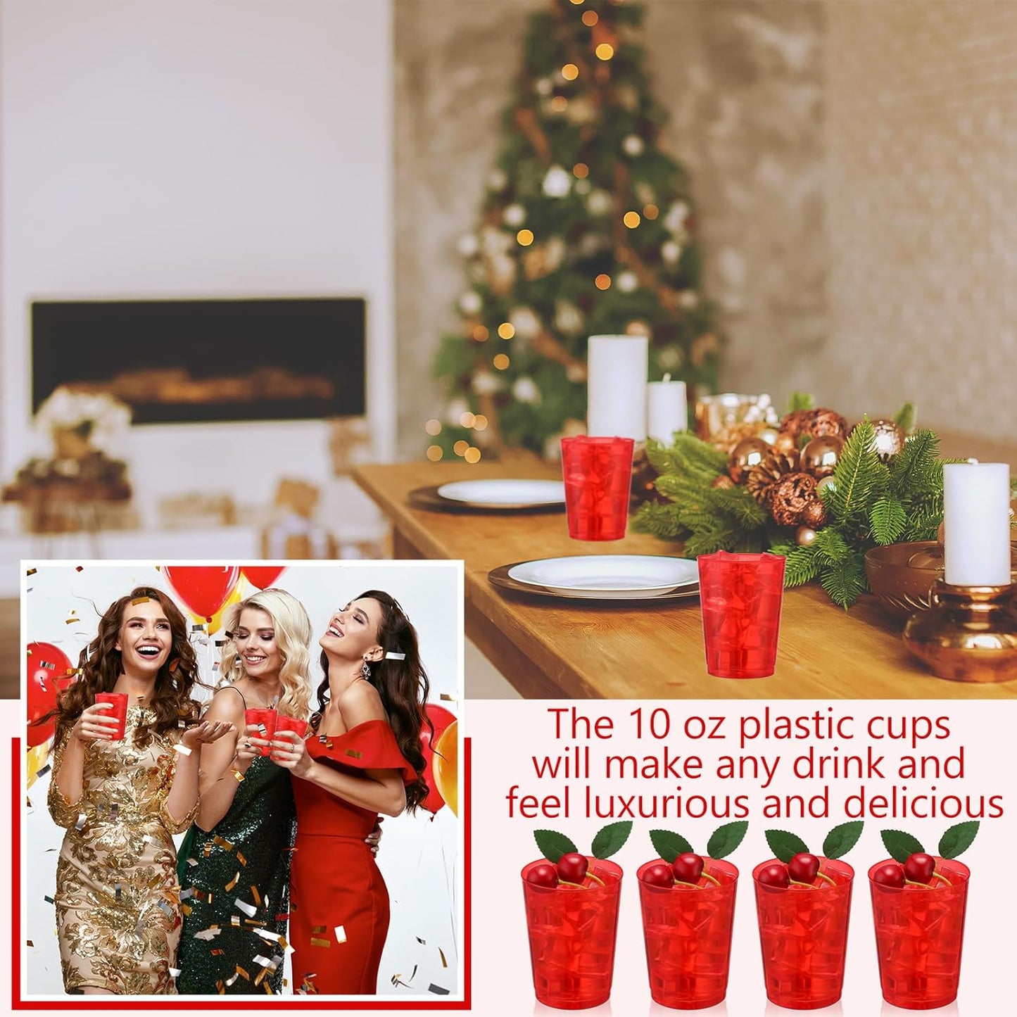 Minatee 100 Count Plastic Cups Disposable Fancy Cups Heavy Duty Wine Cocktail Glasses for Halloween Wedding Christmas Birthday Party Supplies Plastic Drinking Tumblers(Red,10 oz)
