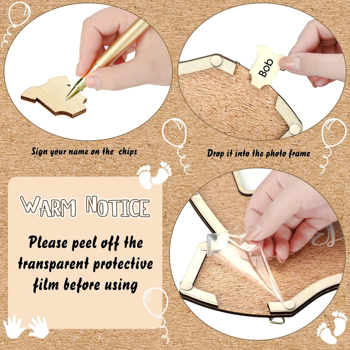 Wenqik 63 Pcs Bodysuit Baby Shower Guest Book Alternatives Set Baby Shower Decorations with Photo Frame Sonogram Frame Keepsake 60 Wood Slices Guest Book for Birthday