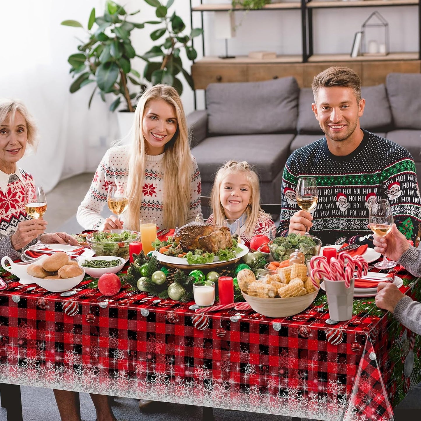 3Pcs Christmas Buffalo Plaid Snowflake Tablecloths,Plastic Red and Black Checkered Rectangle Christmas Tree Color Ball Table Cover for Winter Christmas New Year Holiday Party Decorations,54x108 inch