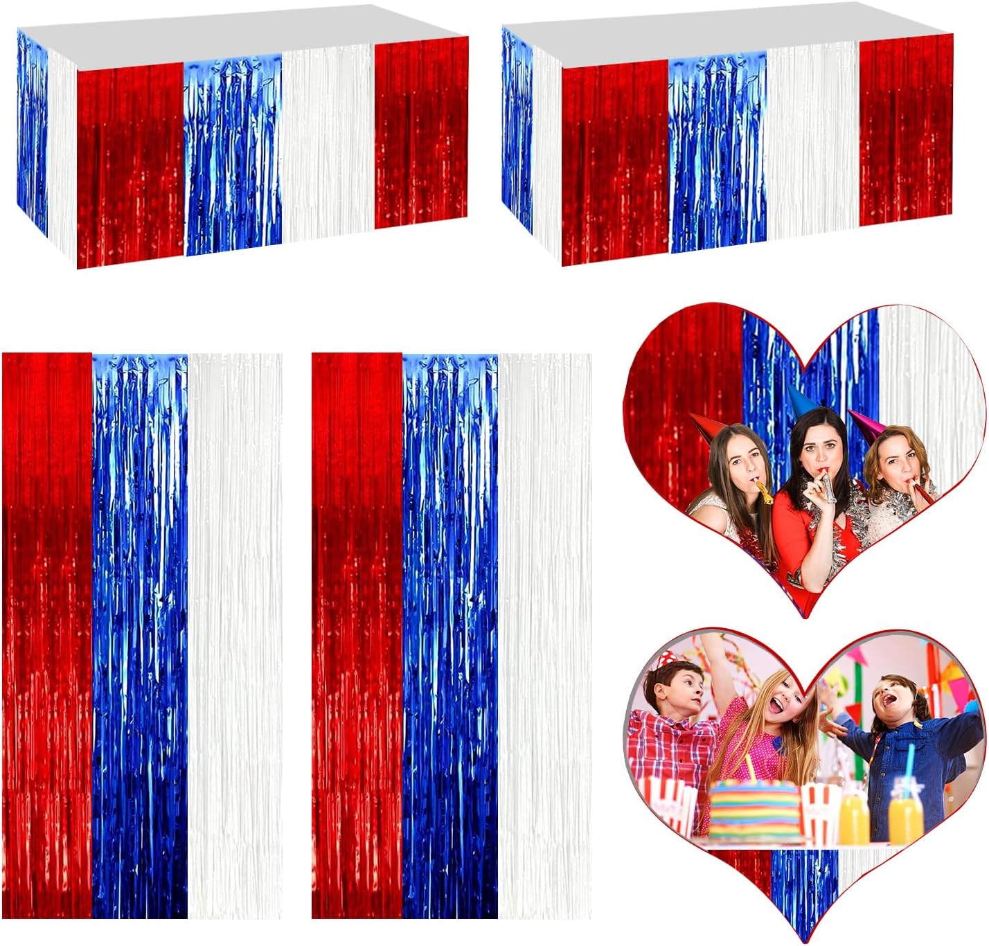4P Metallic Foil Fringe Tinsel Table Skirts for Rectangle Tables Backdrop Banner Streamer Garland Curtains for Parade Floats Wedding Graduation Anniversary Birthday Parties Decoration(White Blue Red)