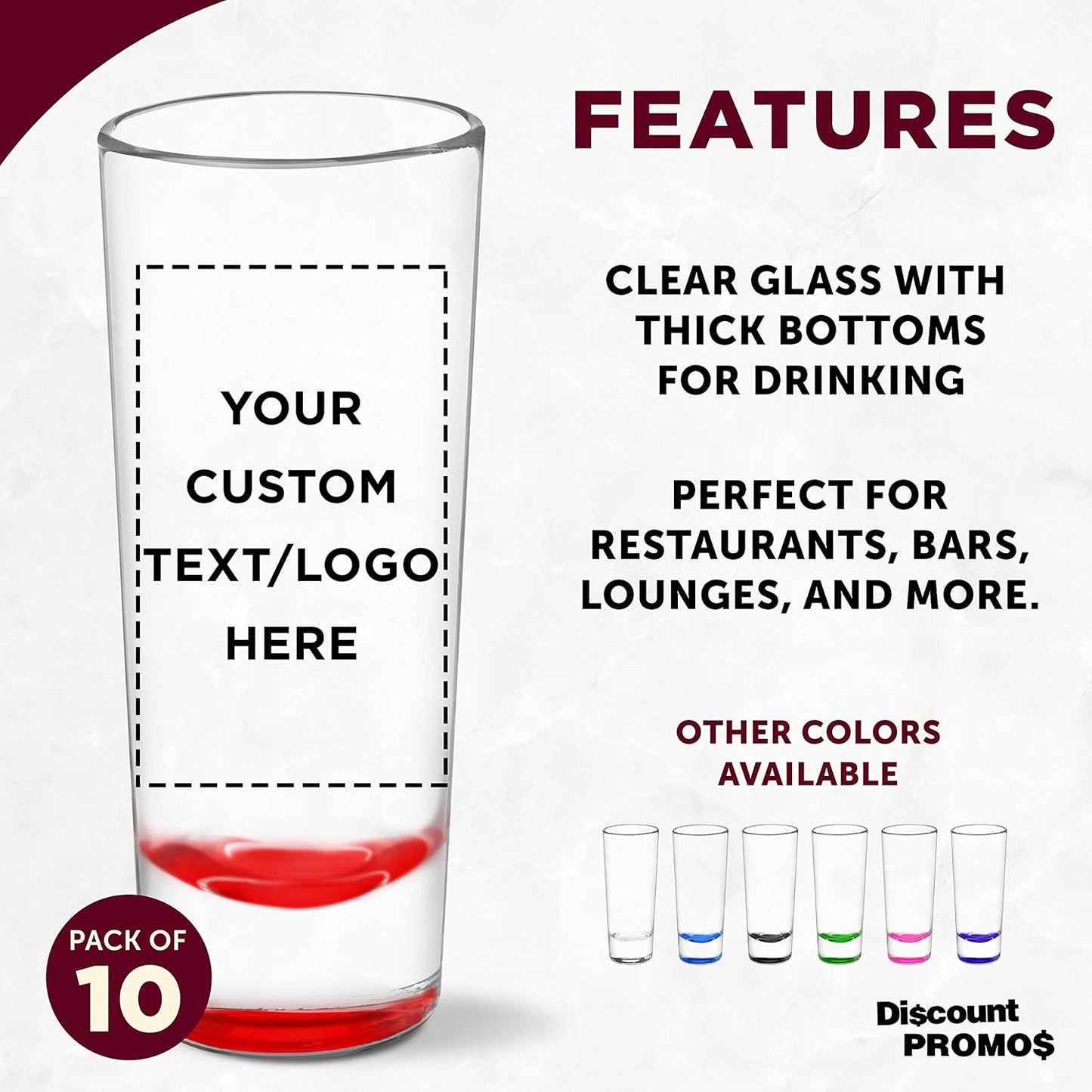 Custom Cordial Shooter Shot Glasses 2 oz. Set of 10, Personalized Bulk Pack - Great for Birthdays, Parties, Indoor & Outdoor Events - Red