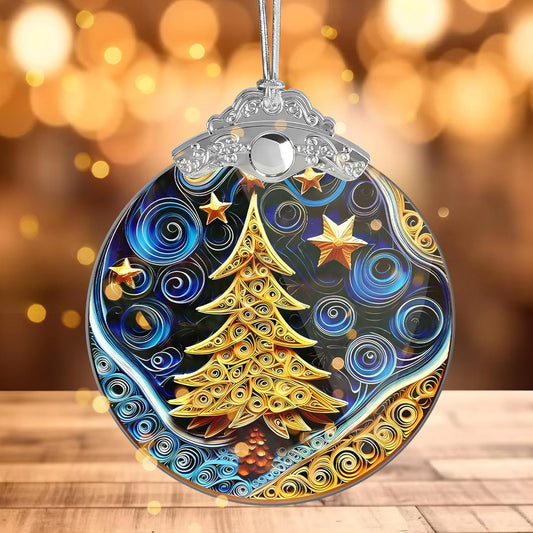 Christmas Ornament 2025, Christmas Tree Round Shape, 4 Inch Acrylic Ornament Art, Holiday Decoration, Car Interior Decor, Holiday Ornaments (Quilling Christmass Tree)