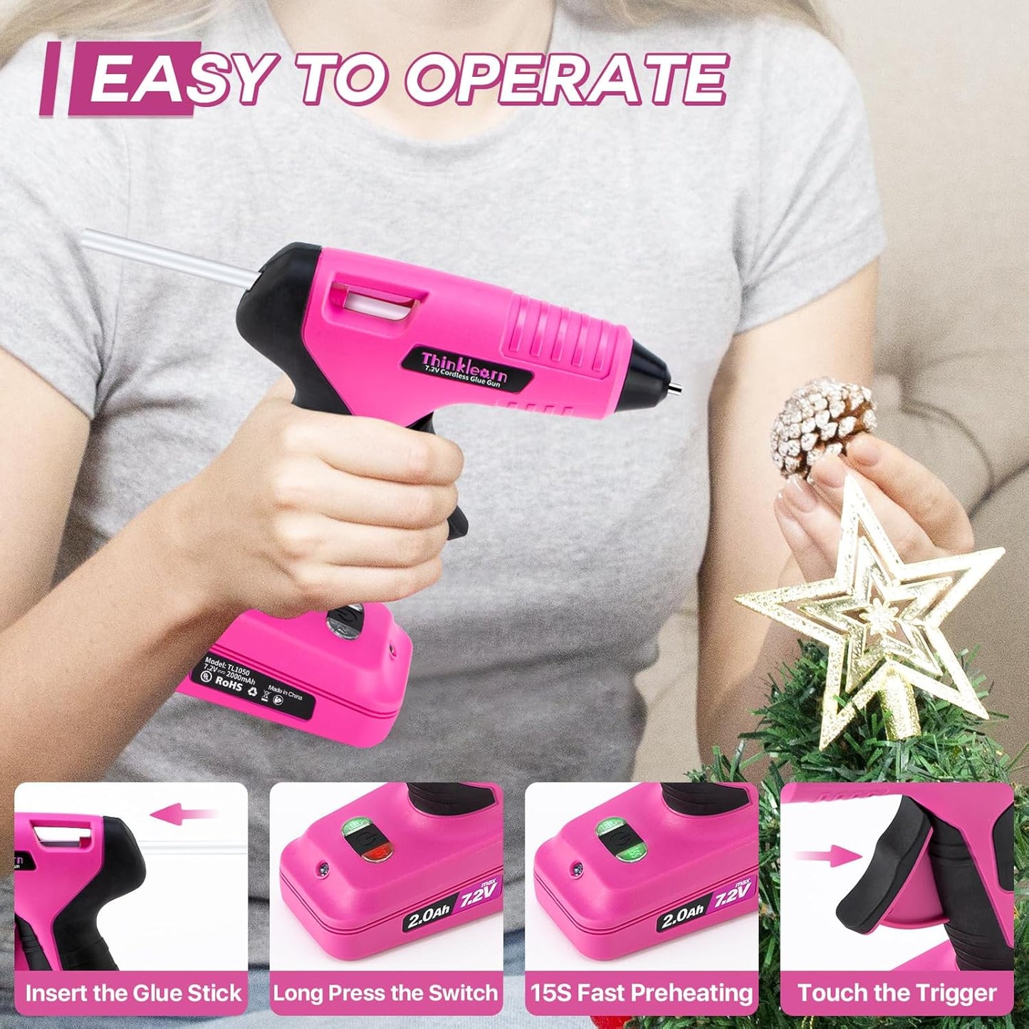 Cordless Hot Glue Gun, 7.2V Pink 15s Fast Preheating Glue Gun Set with 25PCS Mini Glue Sticks, Rechargeable Wireless Hot Melt Glue Guns for DIY, Arts&Crafts, Decoration, Gift for Women